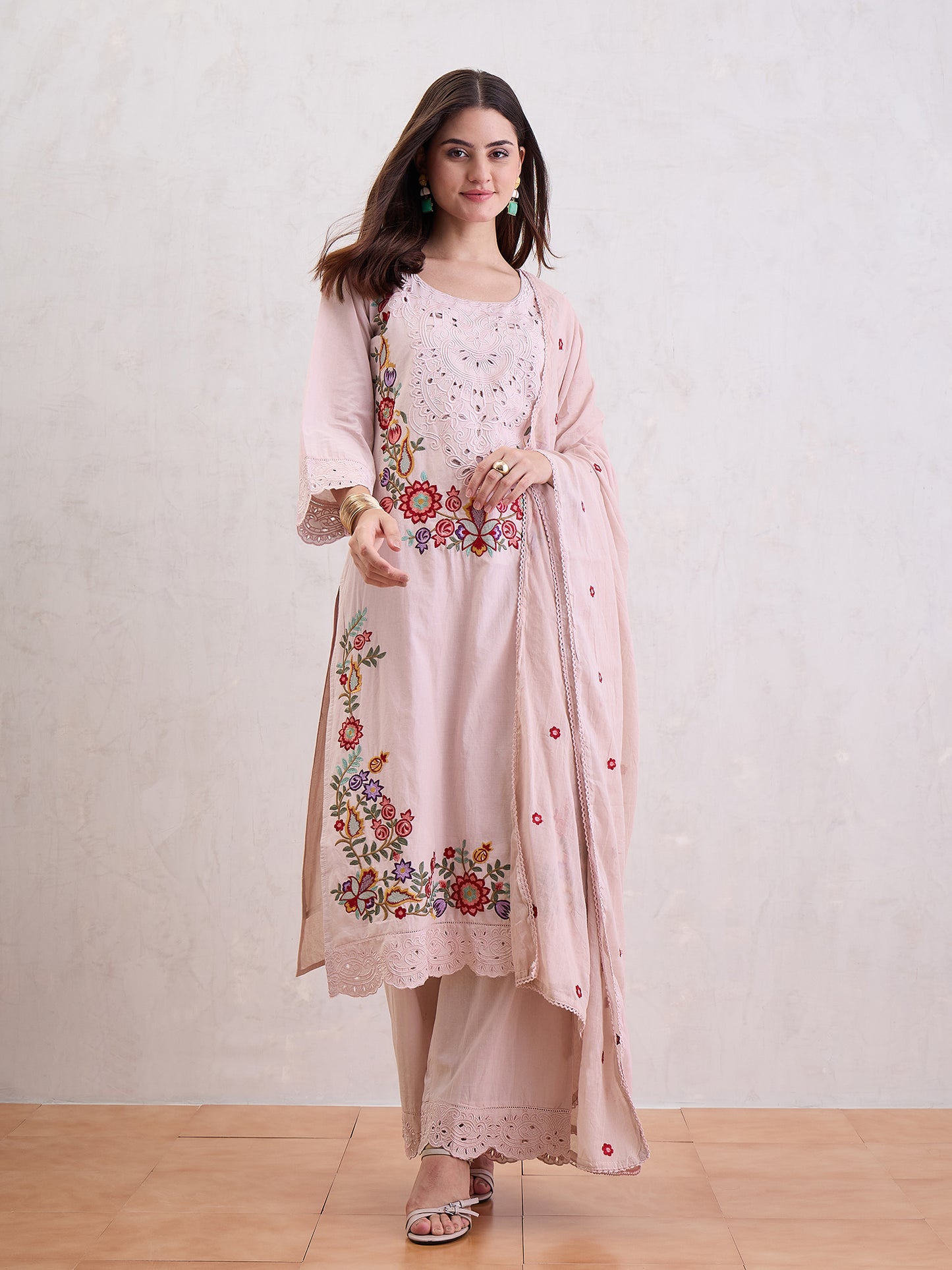 Women Floral Embroidered Cotton Kurta with Trousers & Dupatta
