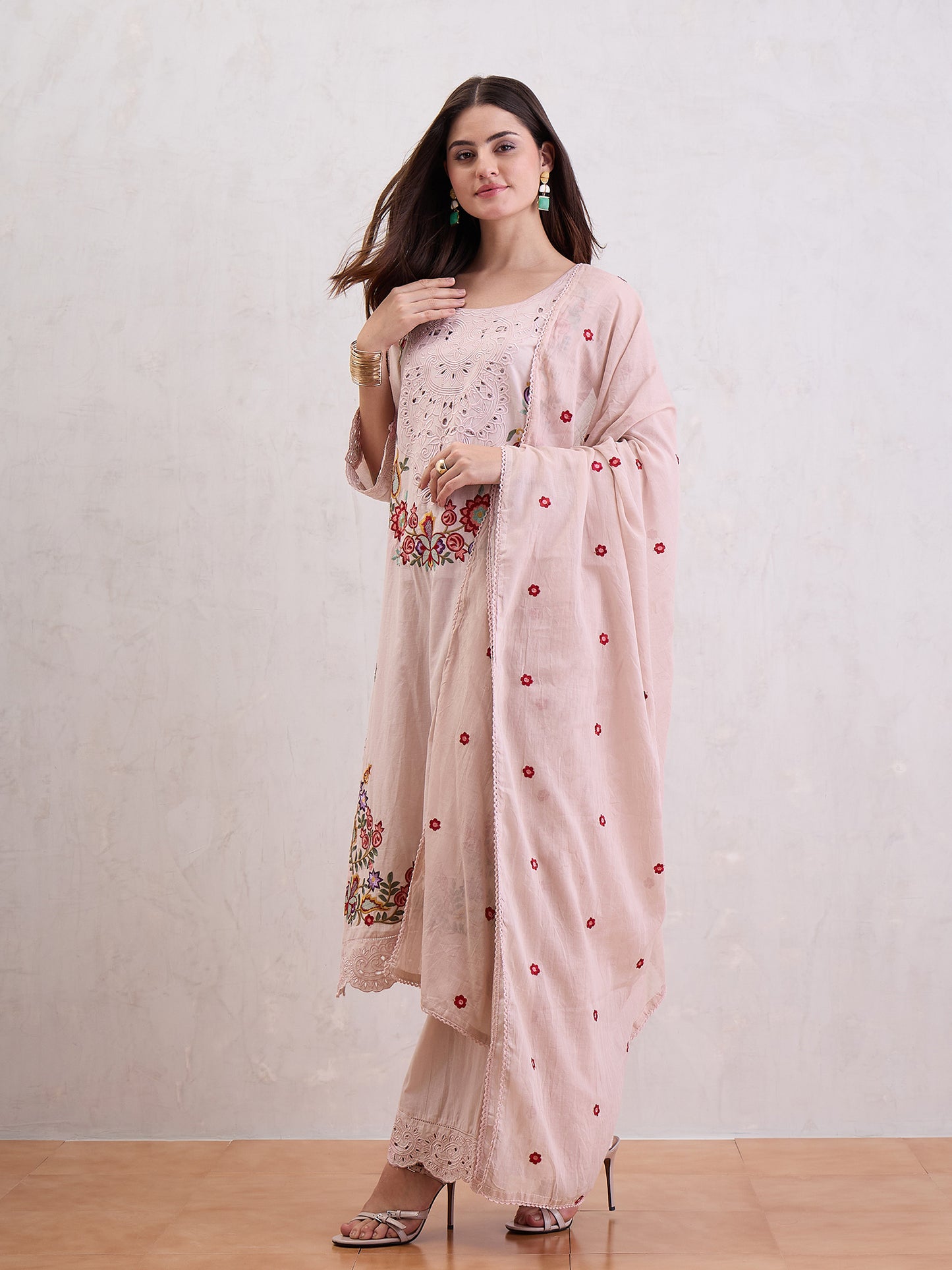 Women Floral Embroidered Cotton Kurta with Trousers & Dupatta