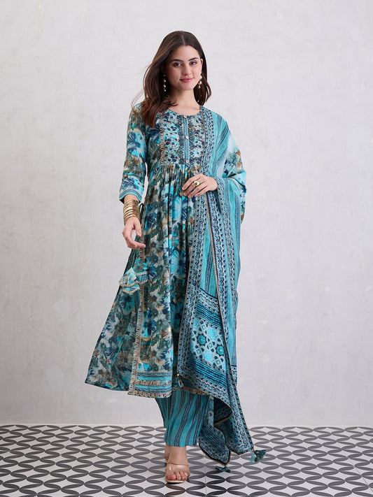 Women High Slit Chanderi Silk Kurta Set