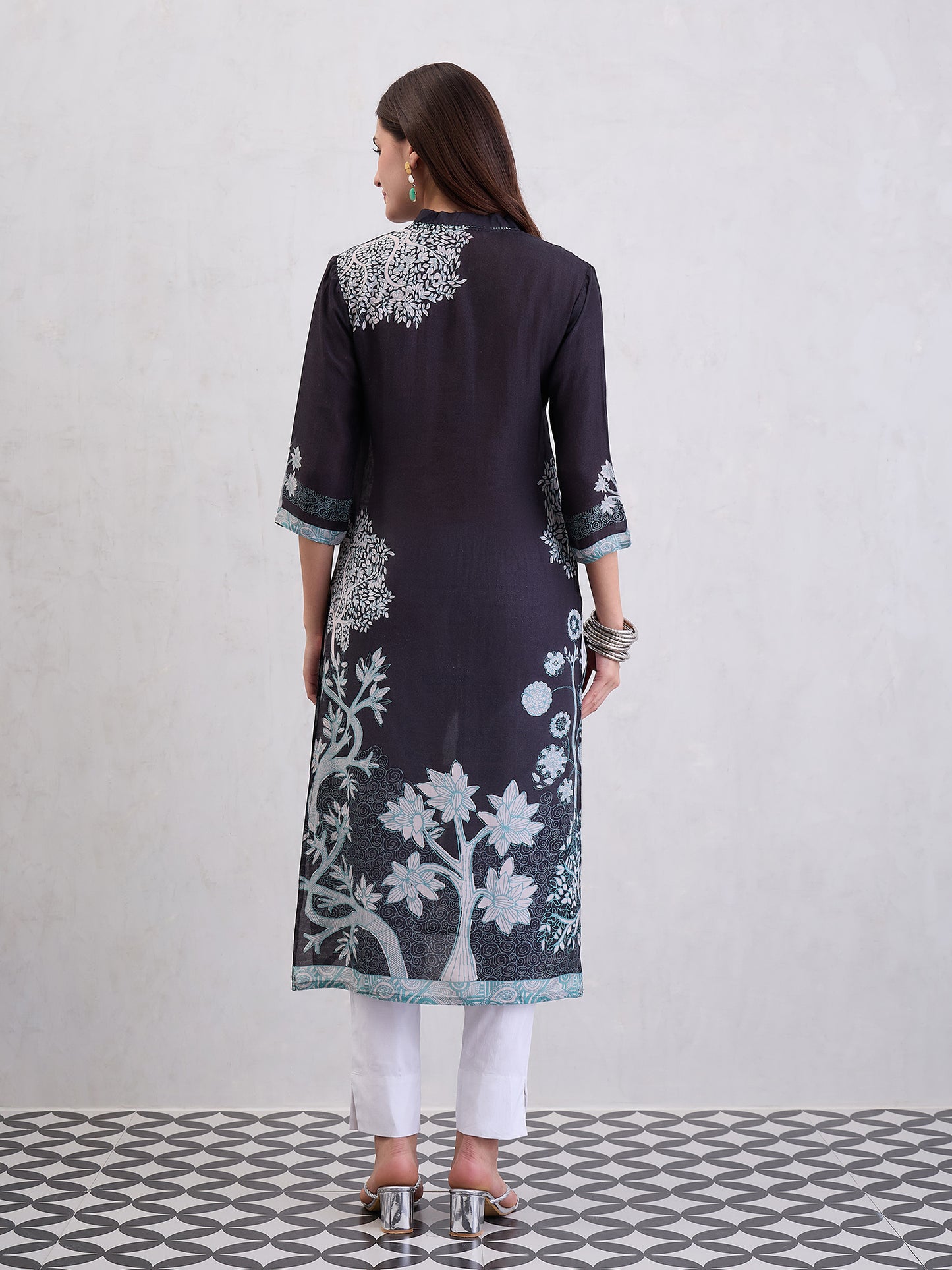 Women Floral Printed Festive Silk Straight Kurtas