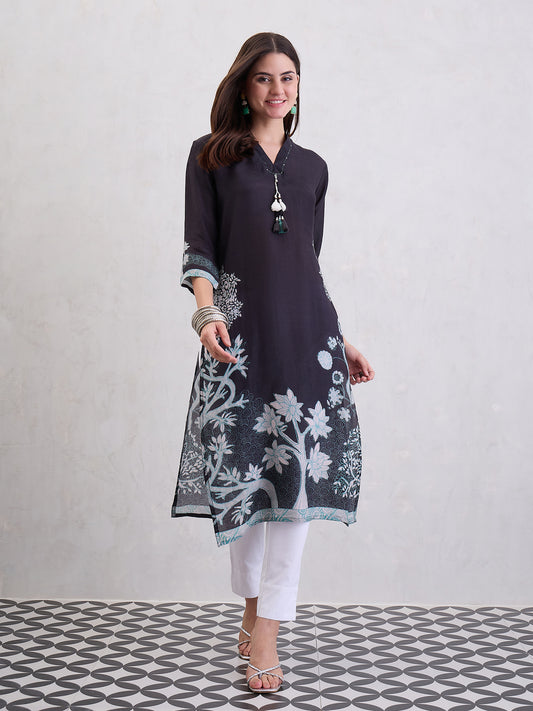 Women Floral Printed Festive Silk Straight Kurtas