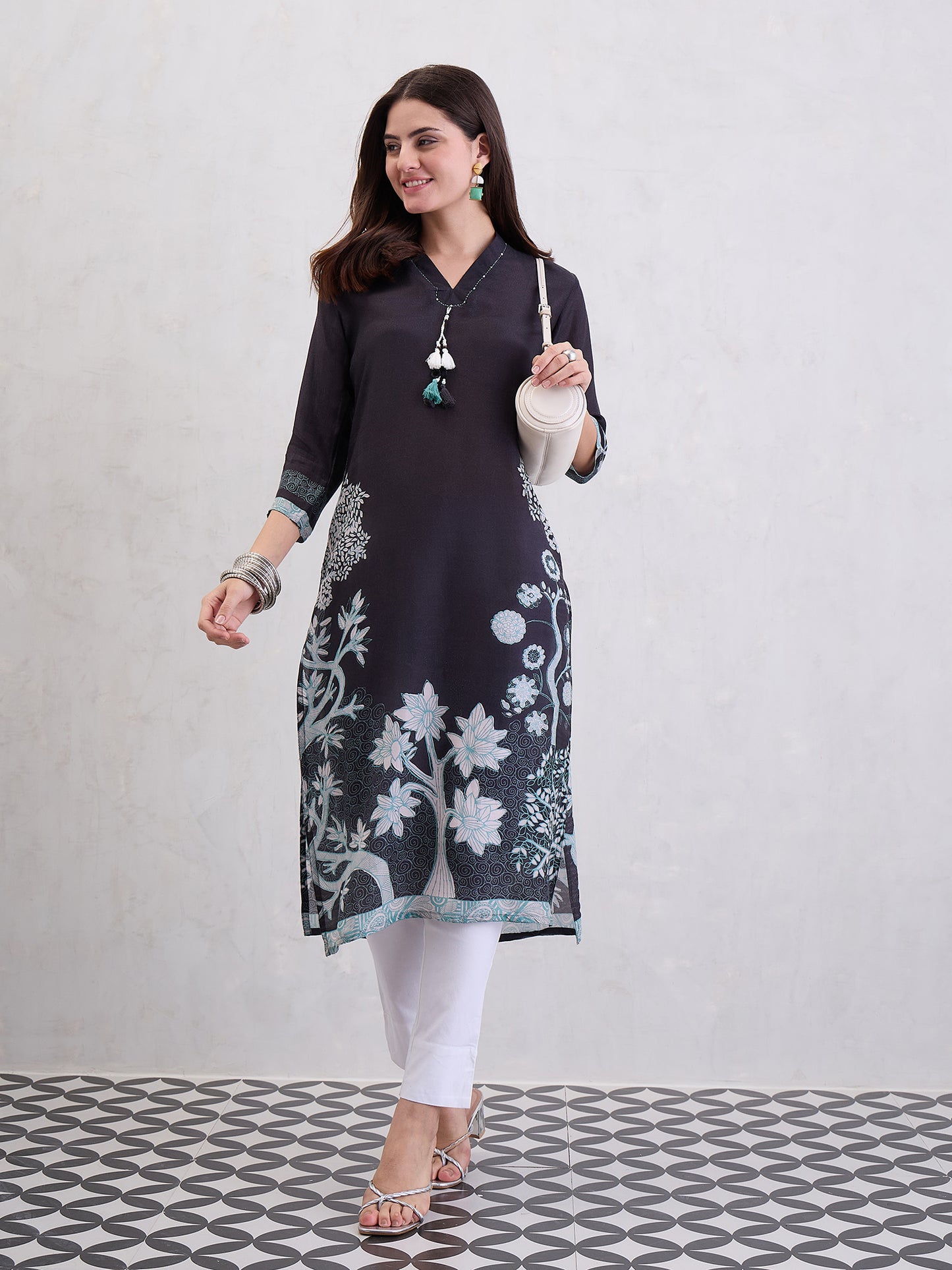 Women Floral Printed Festive Silk Straight Kurtas