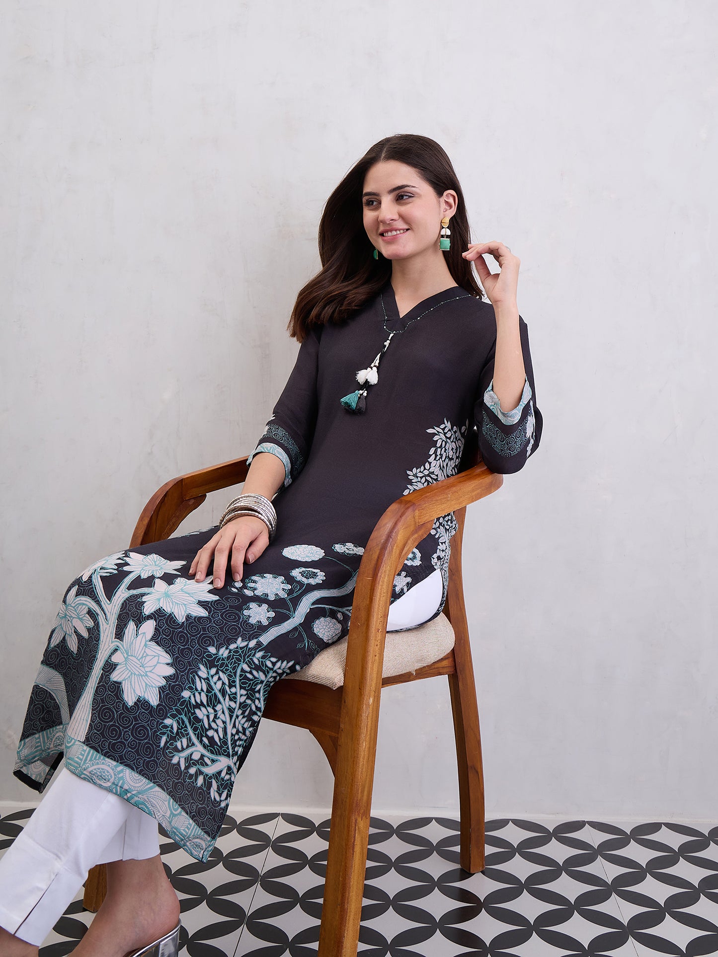 Women Floral Printed Festive Silk Straight Kurtas