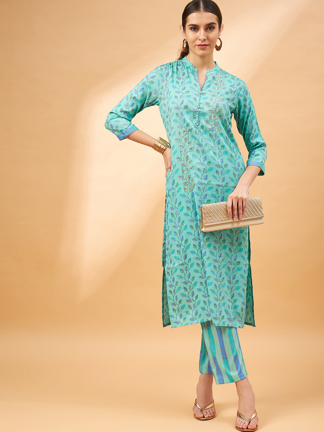 Floral Printed Sequinned Straight Kurta with Trousers
