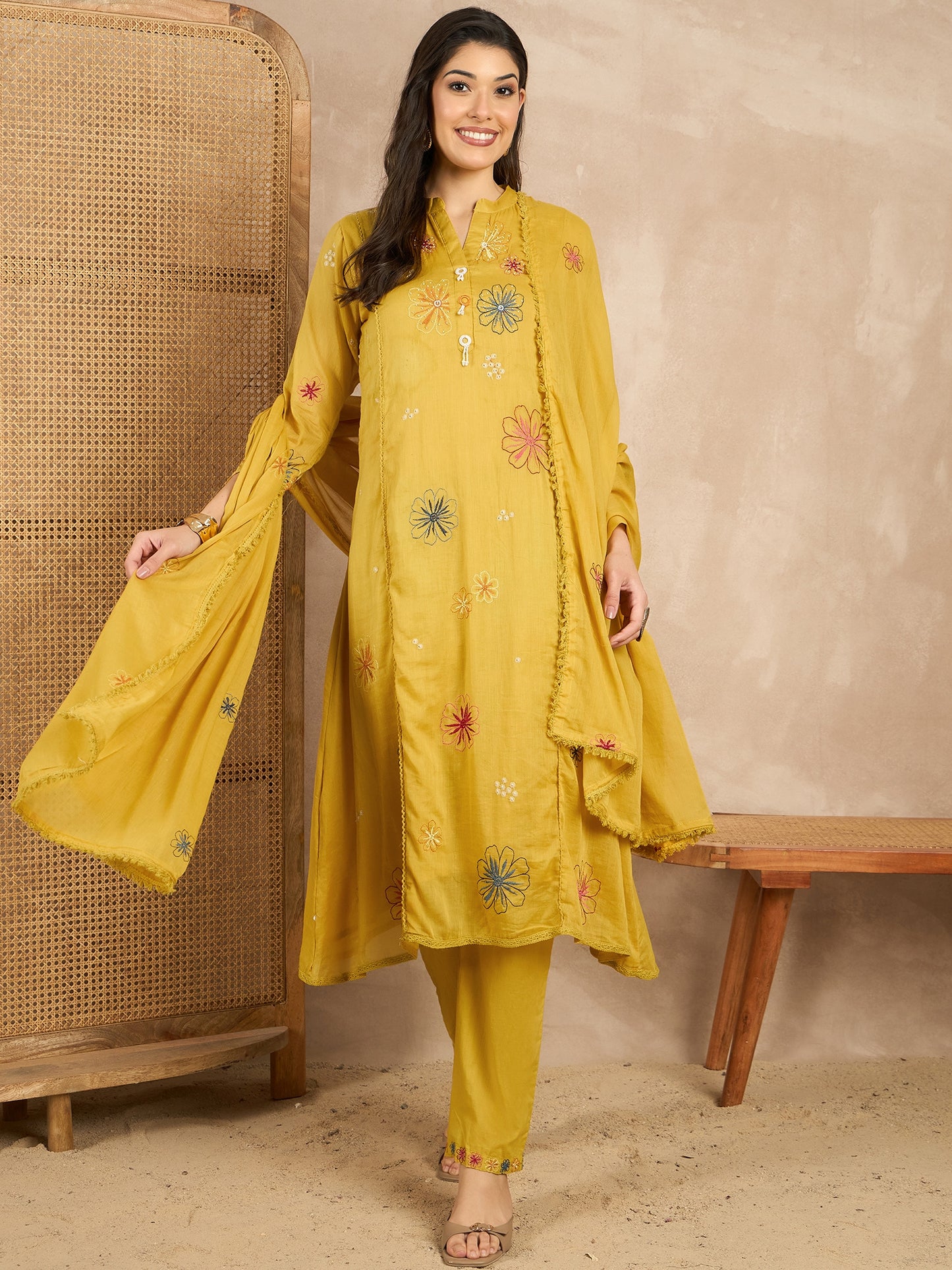 Women Floral Embroidered Angrakha Thread Work Kurta with Trousers & With Dupatta