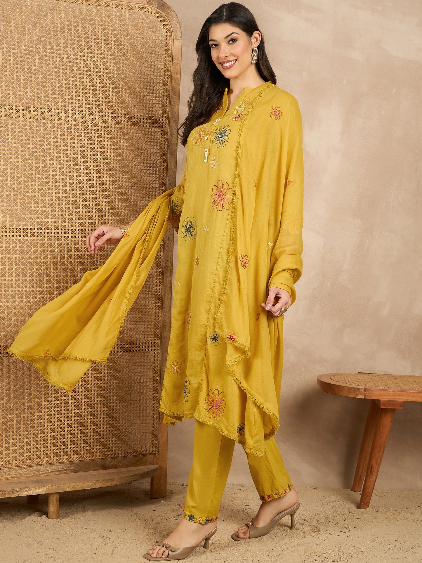 Women Floral Embroidered Angrakha Thread Work Kurta with Trousers & With Dupatta