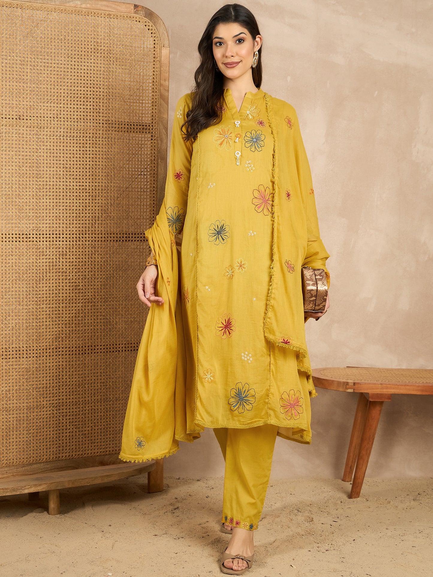 Women Floral Embroidered Angrakha Thread Work Kurta with Trousers & With Dupatta
