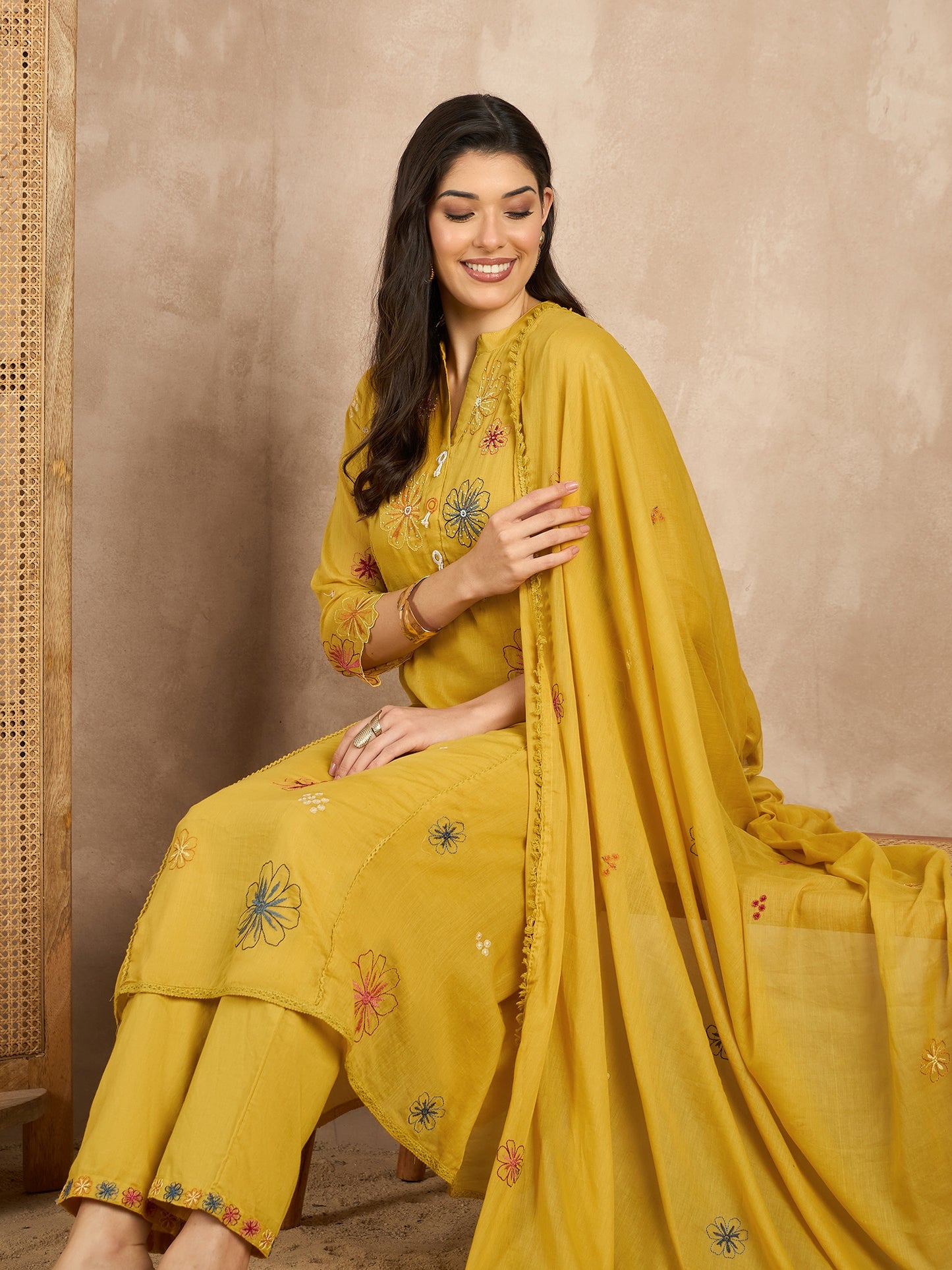 Women Floral Embroidered Angrakha Thread Work Kurta with Trousers & With Dupatta