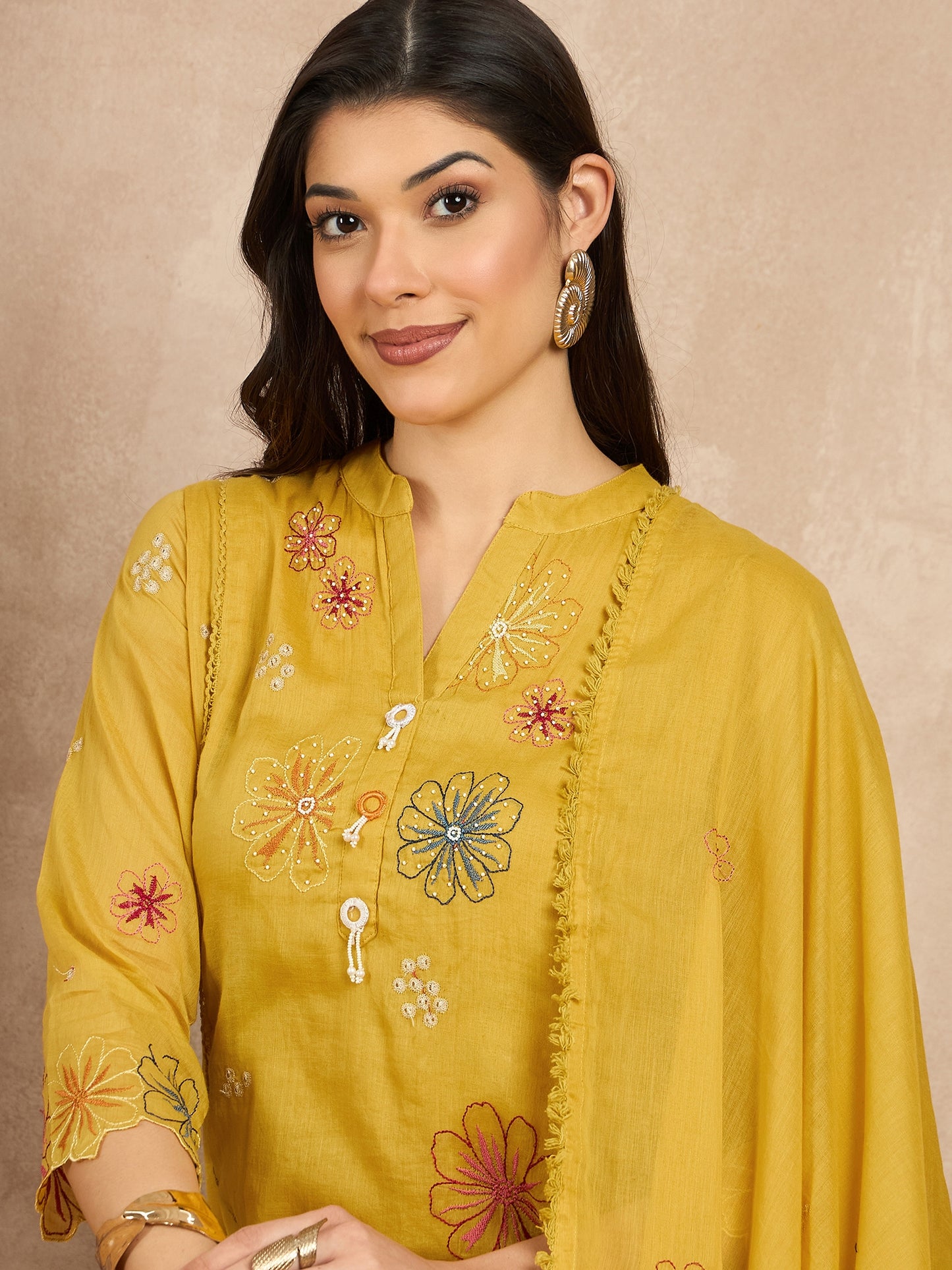 Women Floral Embroidered Angrakha Thread Work Kurta with Trousers & With Dupatta
