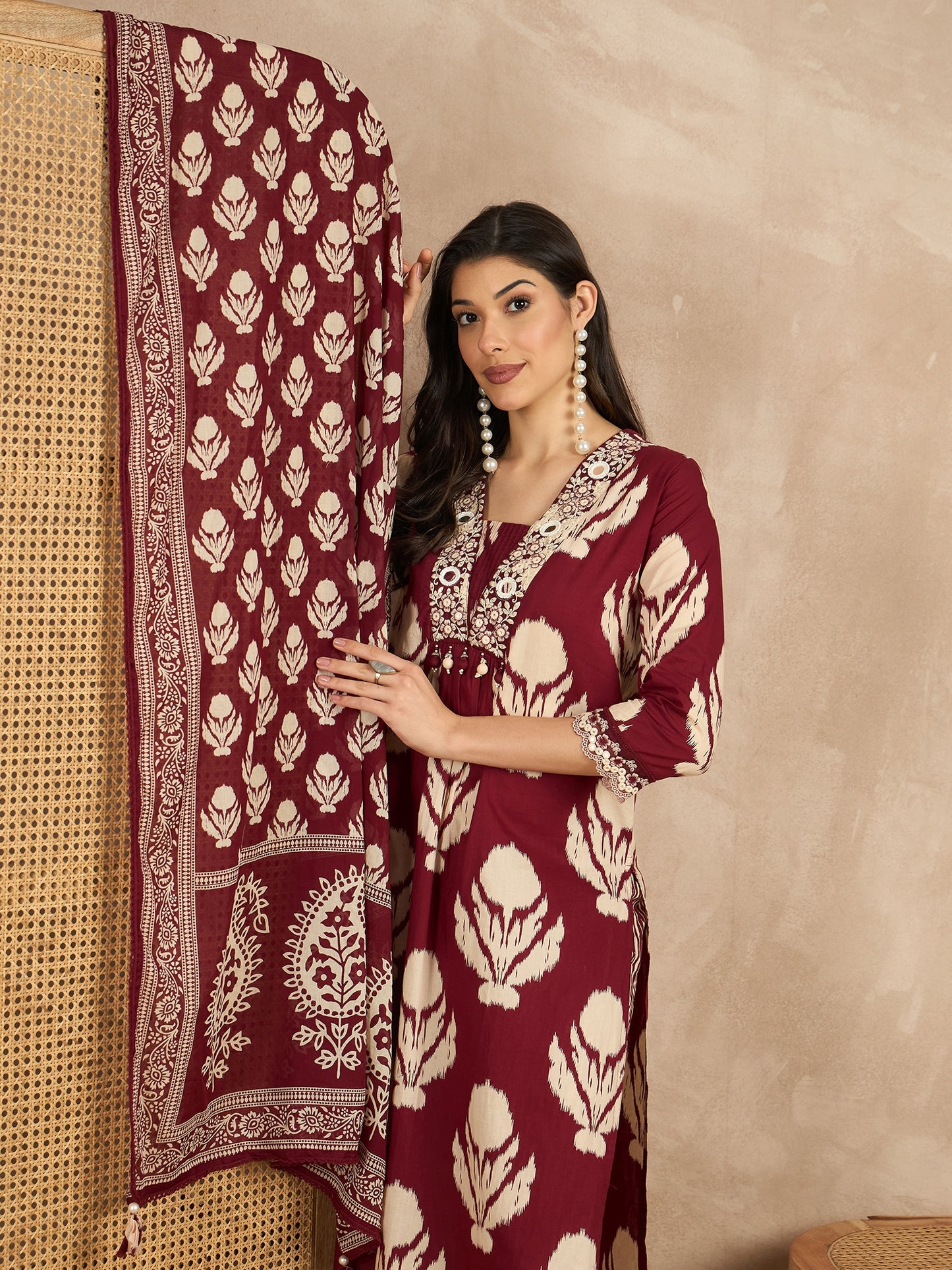 Women Ethnic Motifs Printed Regular Mirror Work Pure Cotton Kurta with Trousers & With Dupatta