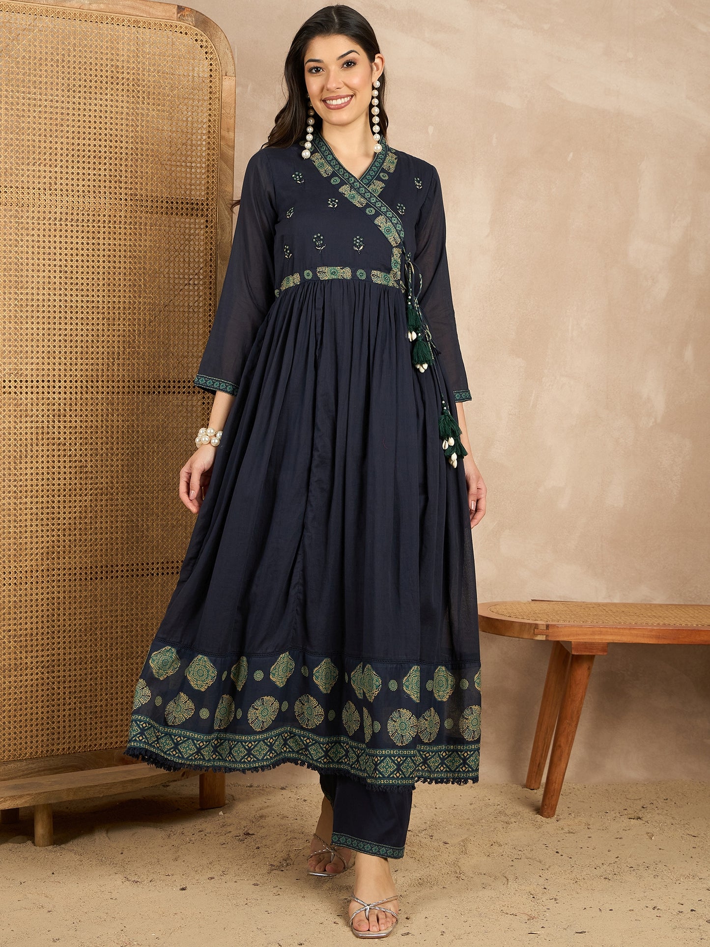 Women Ethnic Motifs Printed Angrakha Beads and Stones Kurta with Trousers & With Dupatta