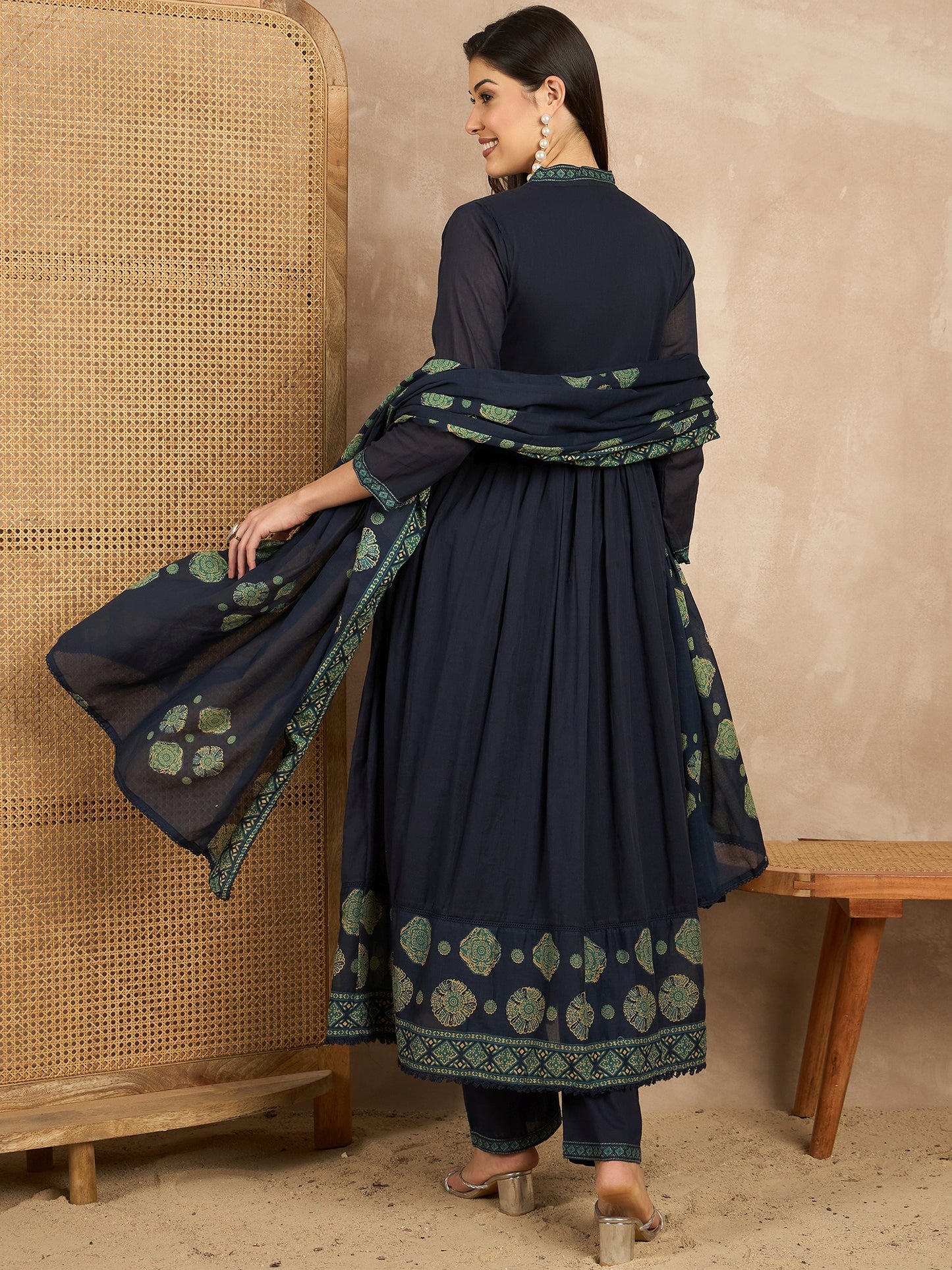 Women Ethnic Motifs Printed Angrakha Beads and Stones Kurta with Trousers & With Dupatta