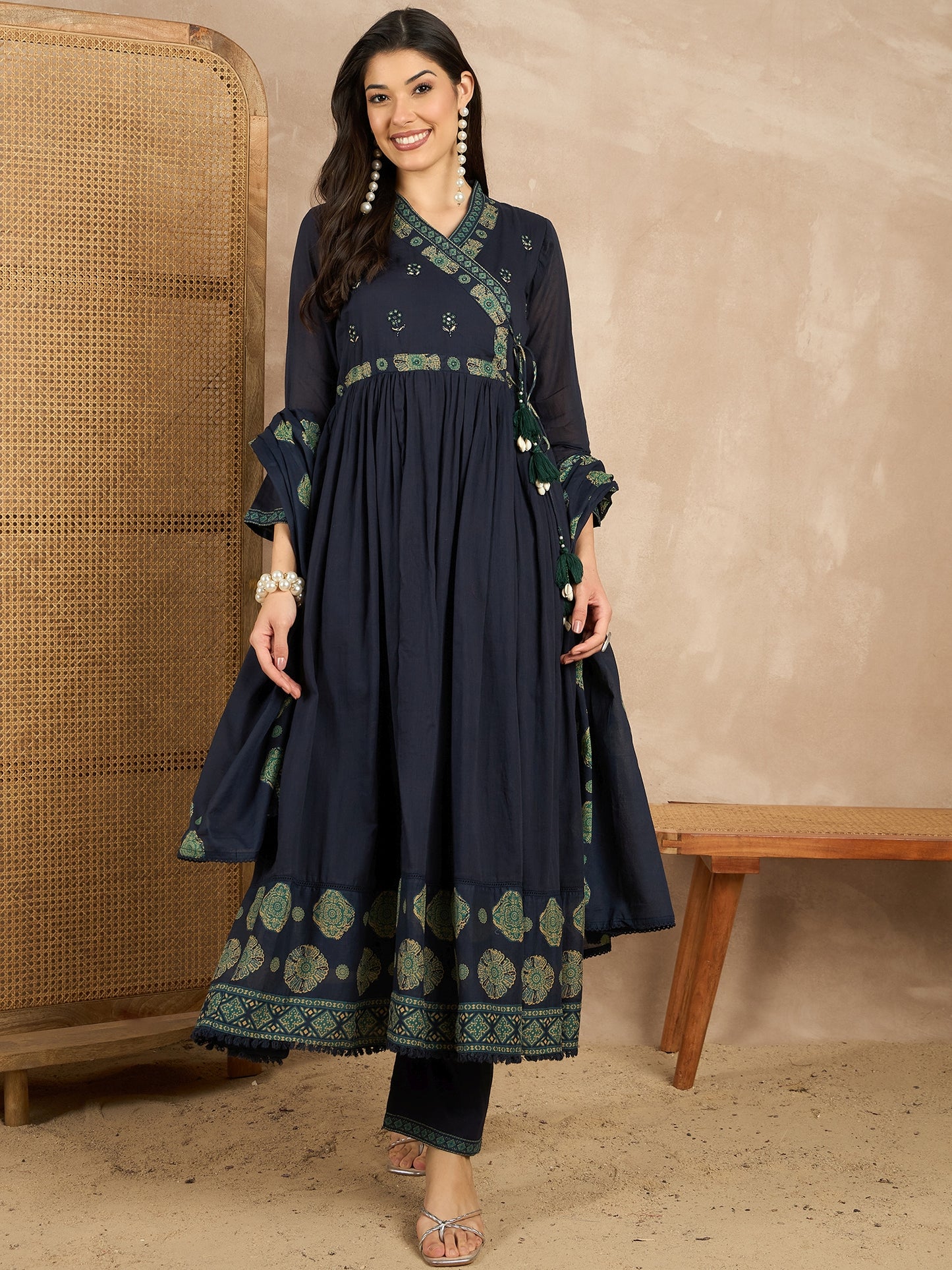 Women Ethnic Motifs Printed Angrakha Beads and Stones Kurta with Trousers & With Dupatta