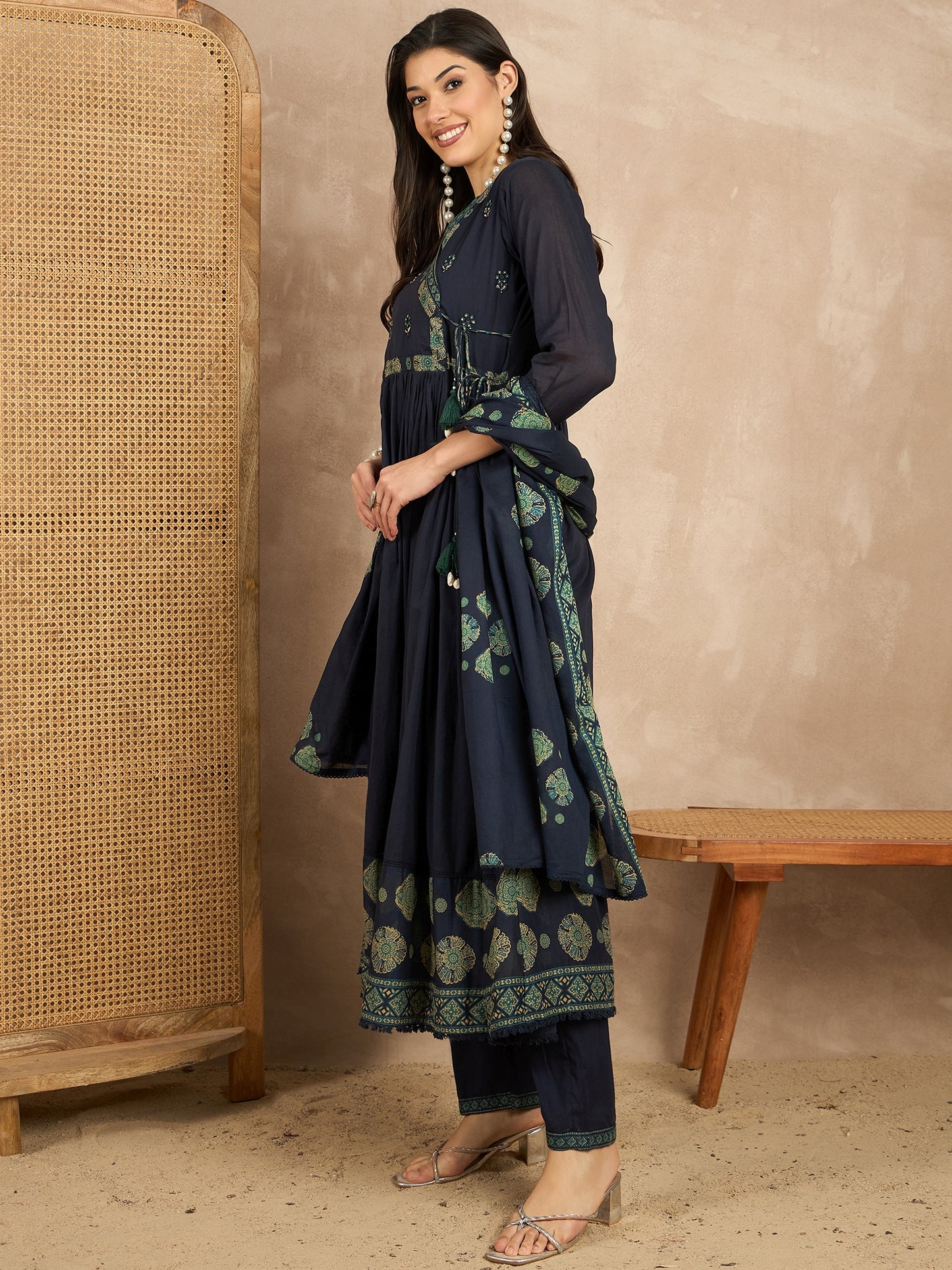 Women Ethnic Motifs Printed Angrakha Beads and Stones Kurta with Trousers & With Dupatta