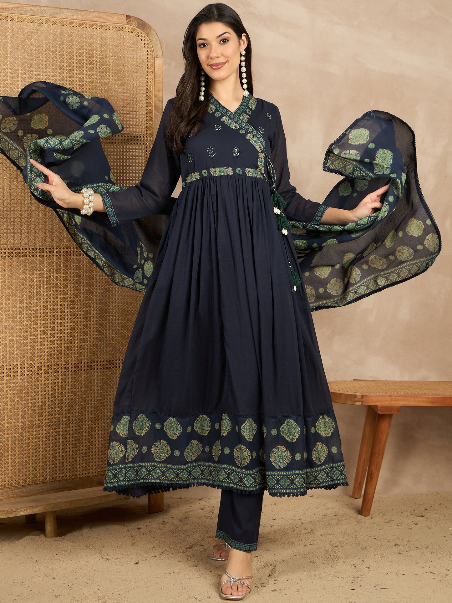 Women Ethnic Motifs Printed Angrakha Beads and Stones Kurta with Trousers & With Dupatta