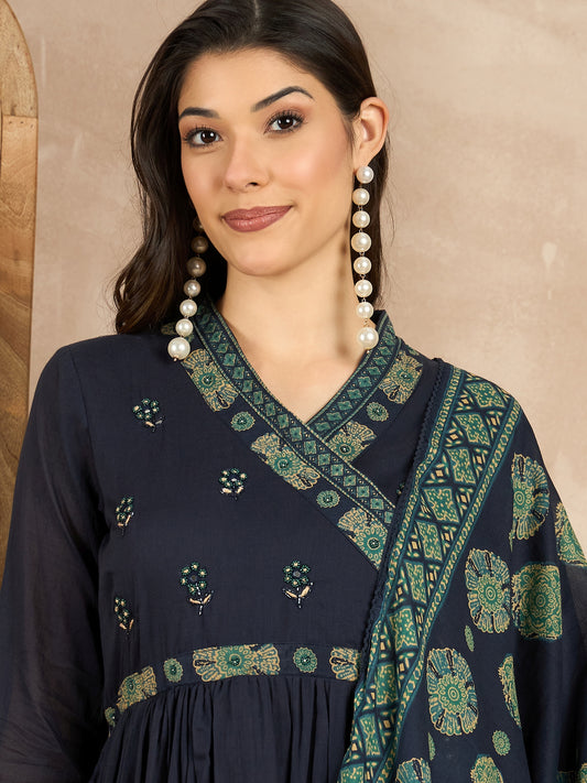 Women Ethnic Motifs Printed Angrakha Beads and Stones Kurta with Trousers & With Dupatta