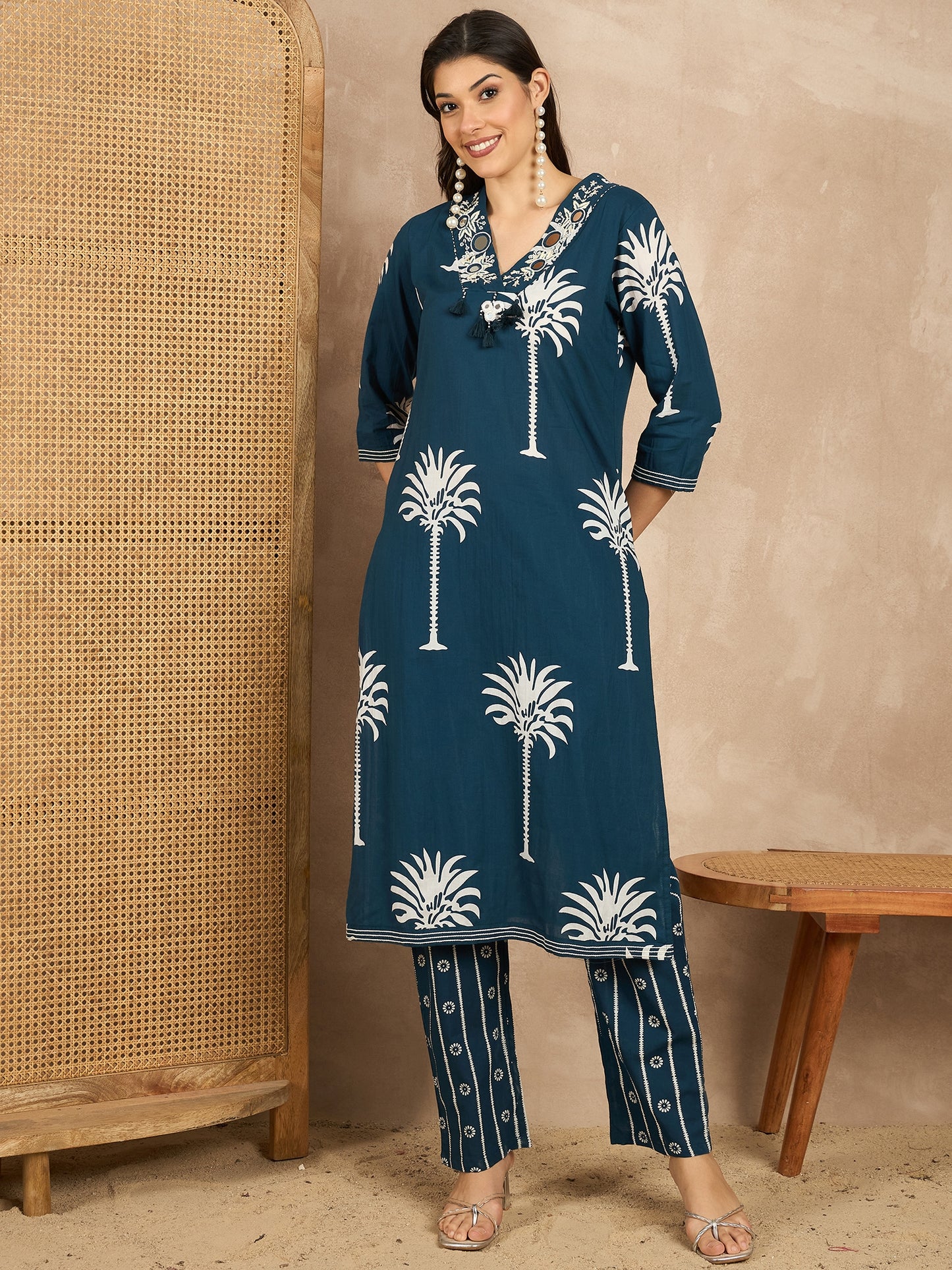 Women Ethnic Motifs Printed Regular Mirror Work Pure Cotton Kurta with Trousers & With Dupatta