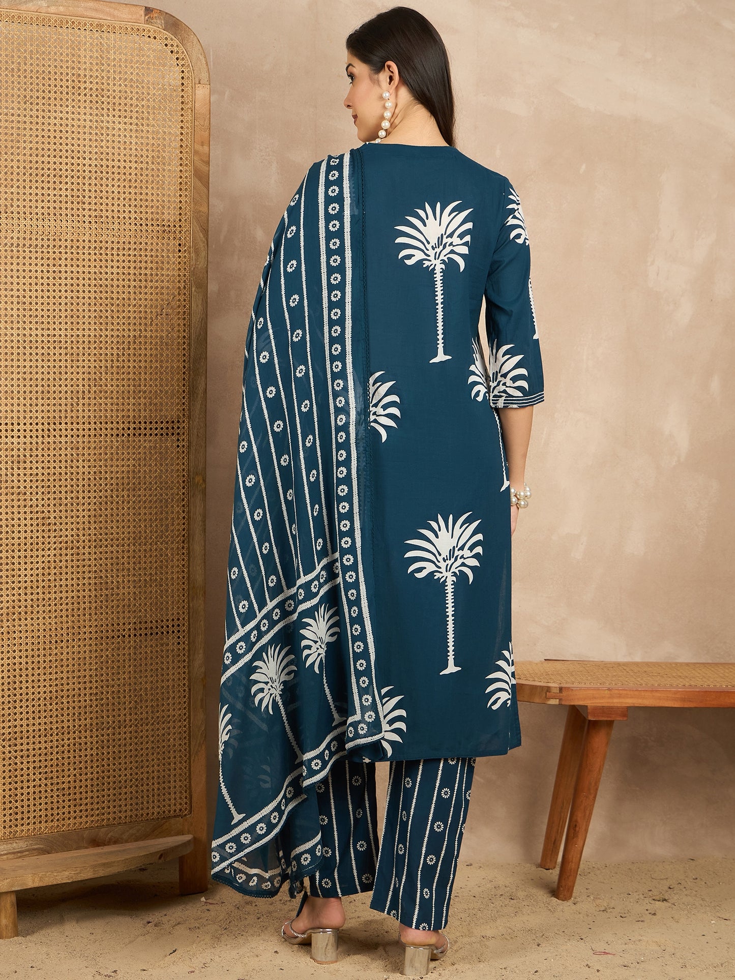 Women Ethnic Motifs Printed Regular Mirror Work Pure Cotton Kurta with Trousers & With Dupatta