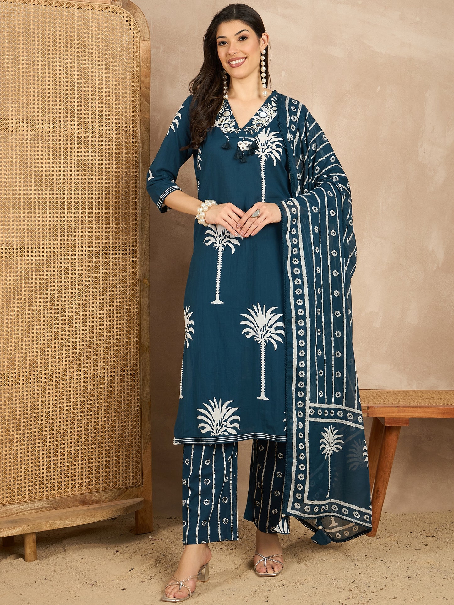 Women Ethnic Motifs Printed Regular Mirror Work Pure Cotton Kurta with Trousers & With Dupatta