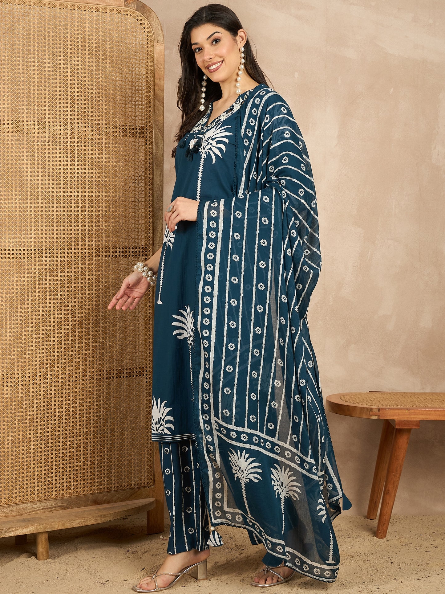 Women Ethnic Motifs Printed Regular Mirror Work Pure Cotton Kurta with Trousers & With Dupatta