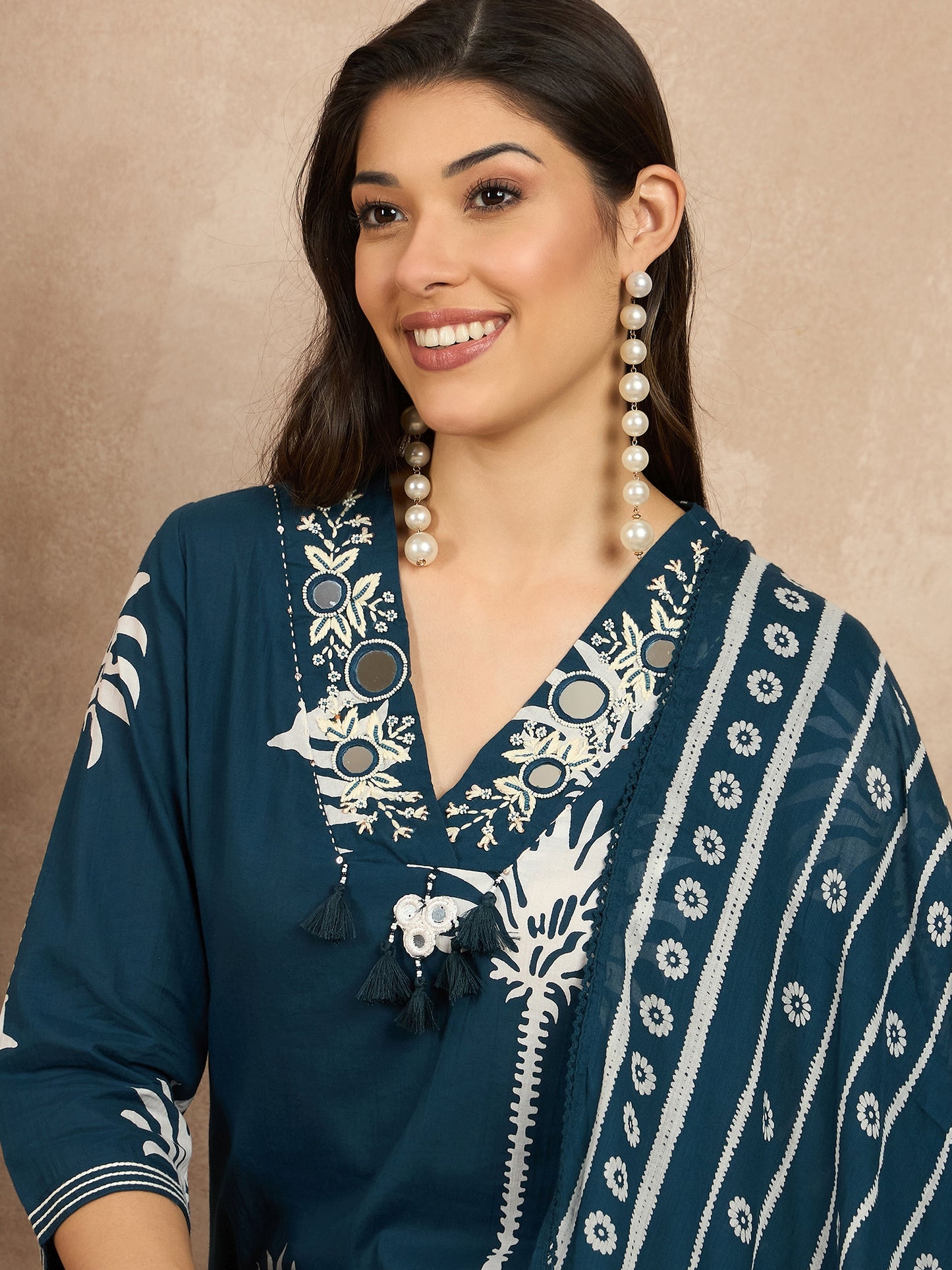 Women Ethnic Motifs Printed Regular Mirror Work Pure Cotton Kurta with Trousers & With Dupatta