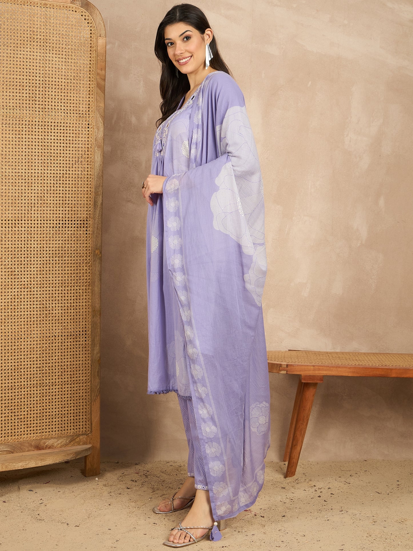 Women Floral Printed Regular Mirror Work Pure Cotton Kurta with Trousers & With Dupatta