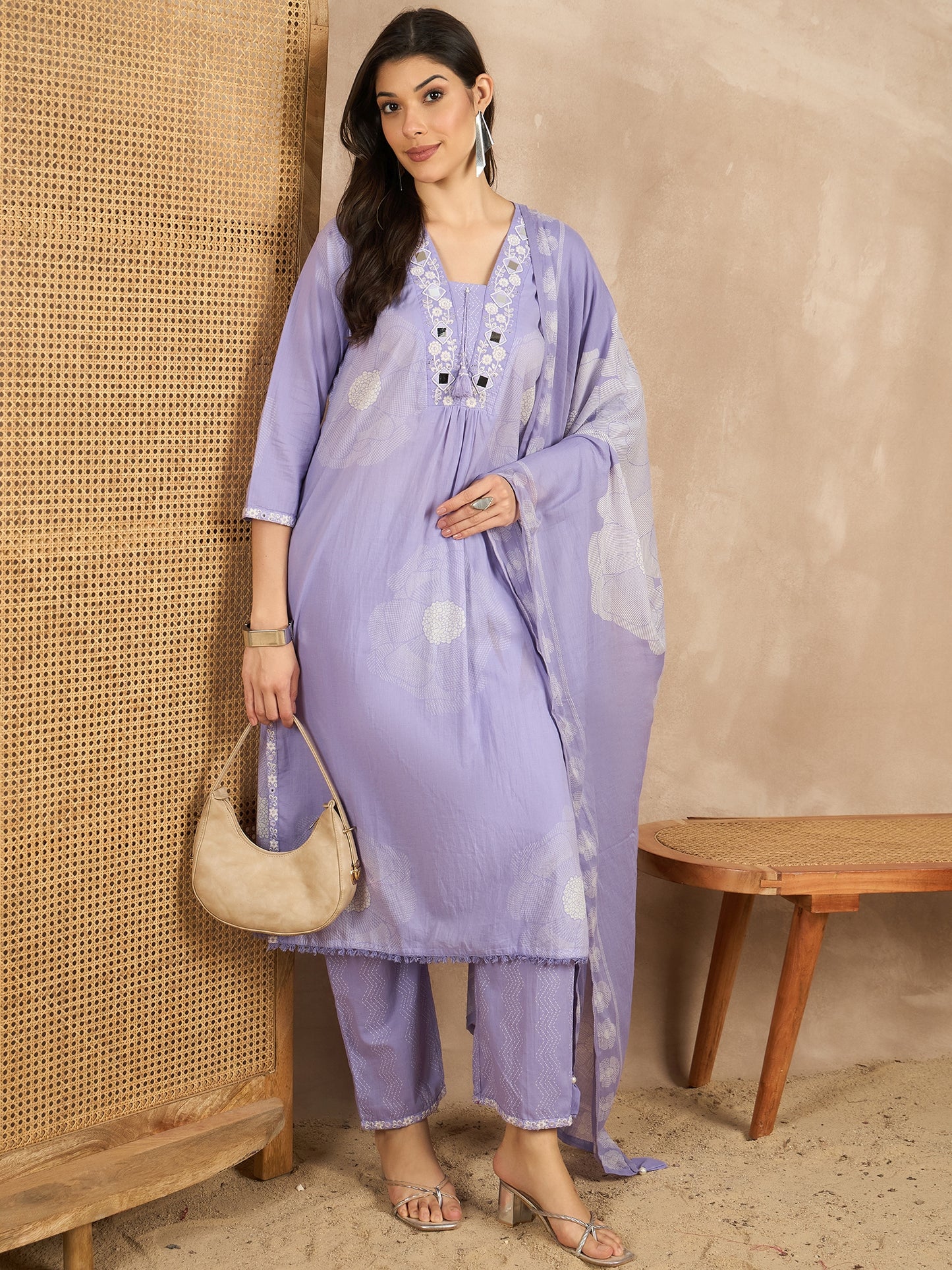 Women Floral Printed Regular Mirror Work Pure Cotton Kurta with Trousers & With Dupatta
