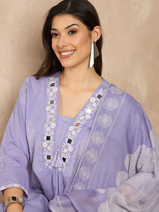 Women Floral Printed Regular Mirror Work Pure Cotton Kurta with Trousers & With Dupatta