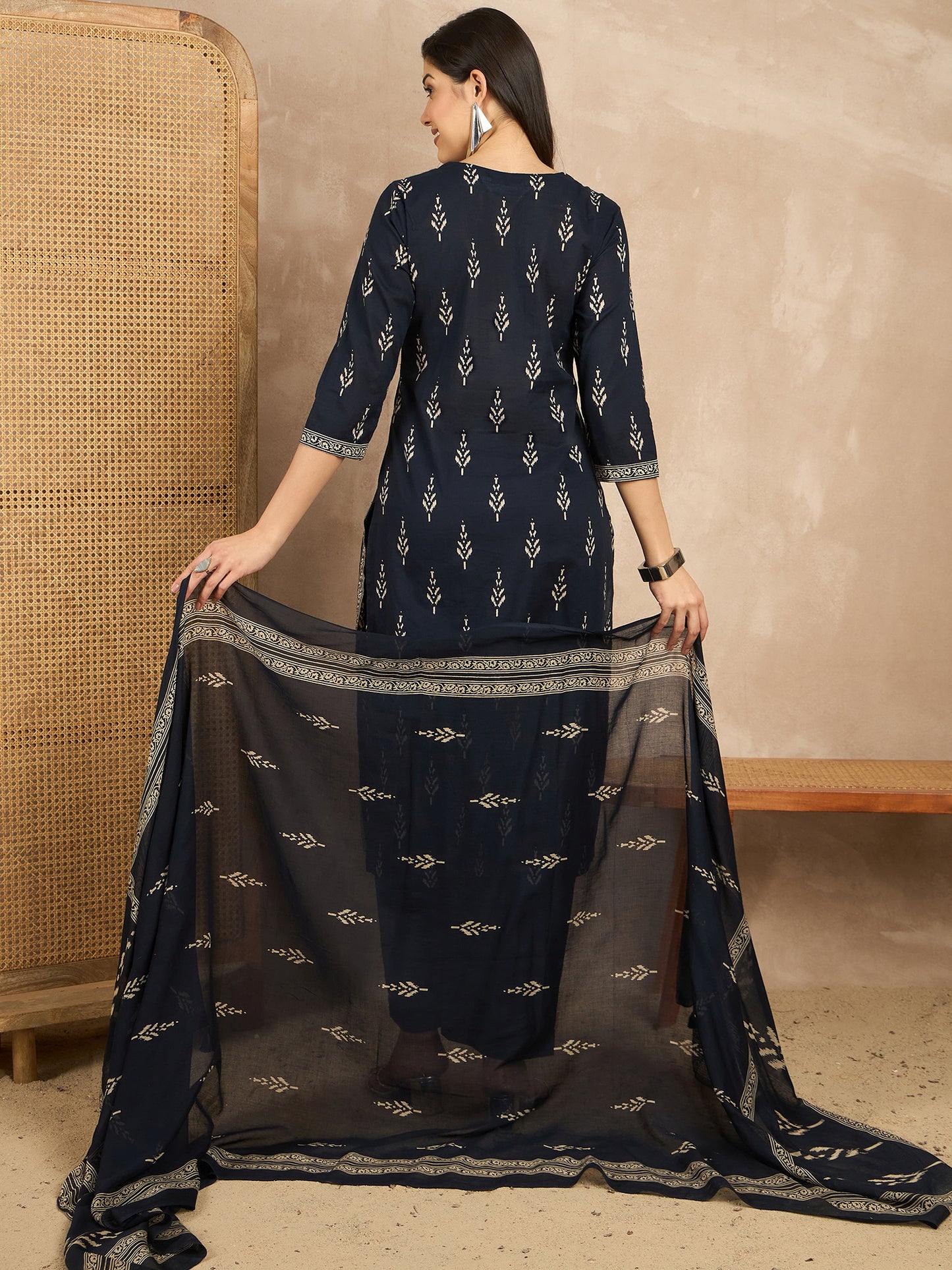 Women Printed Regular Mirror Work Pure Cotton Kurta with Trousers & With Dupatta