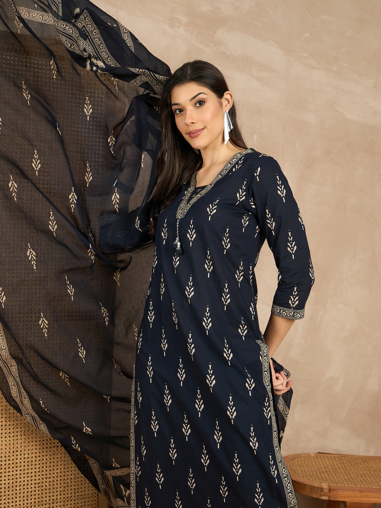 Women Printed Regular Mirror Work Pure Cotton Kurta with Trousers & With Dupatta
