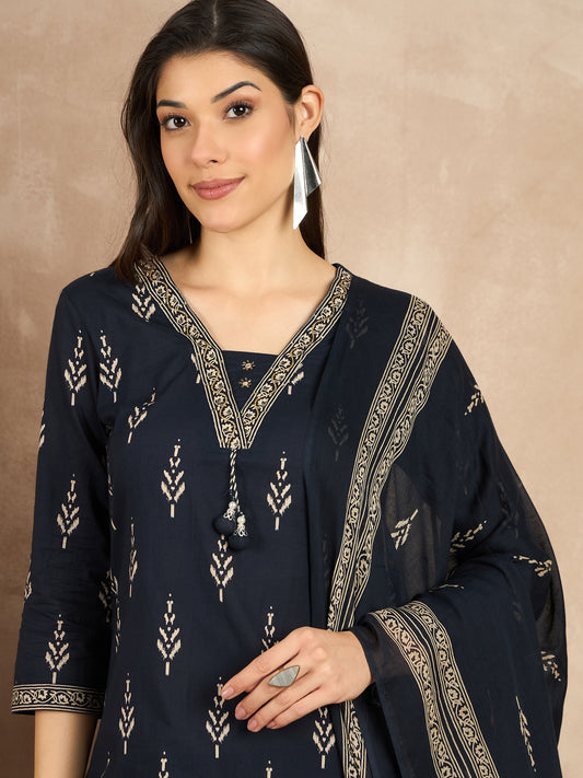 Women Printed Regular Mirror Work Pure Cotton Kurta with Trousers & With Dupatta
