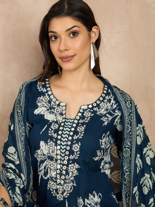 Women Floral Printed Regular Mirror Work Pure Cotton Kurta with Trousers & With Dupatta