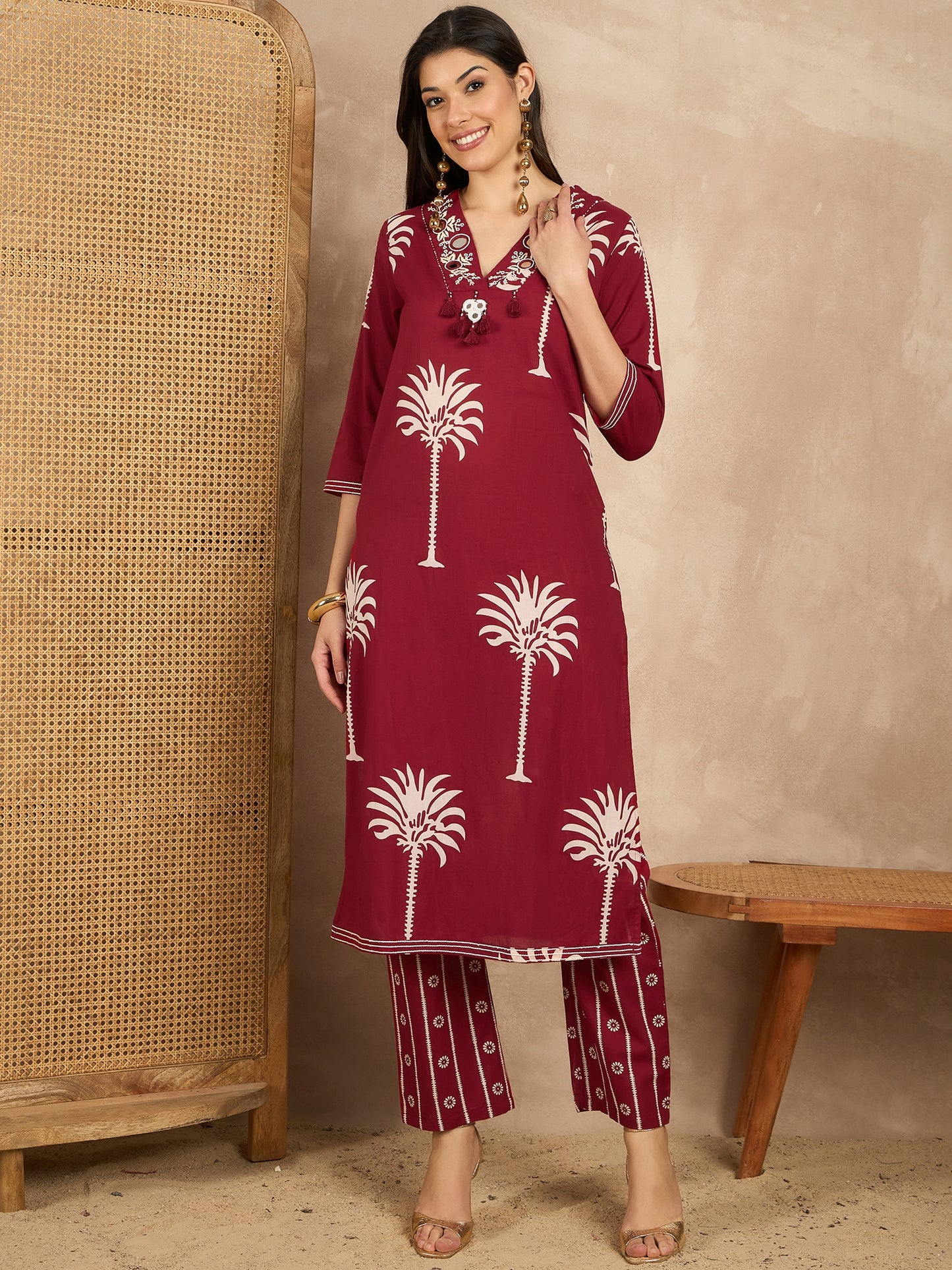 Women Ethnic Motifs Printed Regular Mirror Work Pure Cotton Kurta with Trousers & With Dupatta