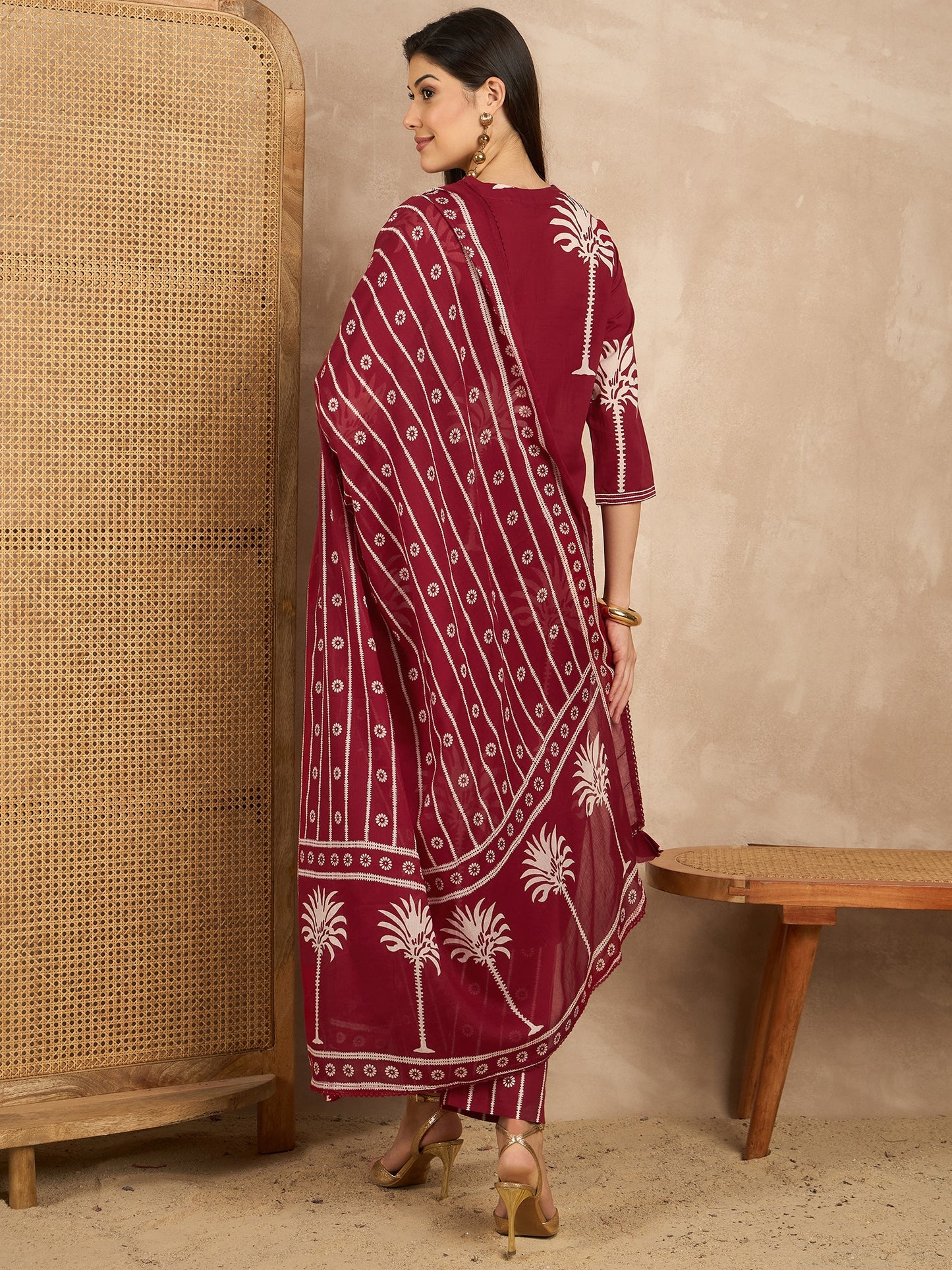 Women Ethnic Motifs Printed Regular Mirror Work Pure Cotton Kurta with Trousers & With Dupatta