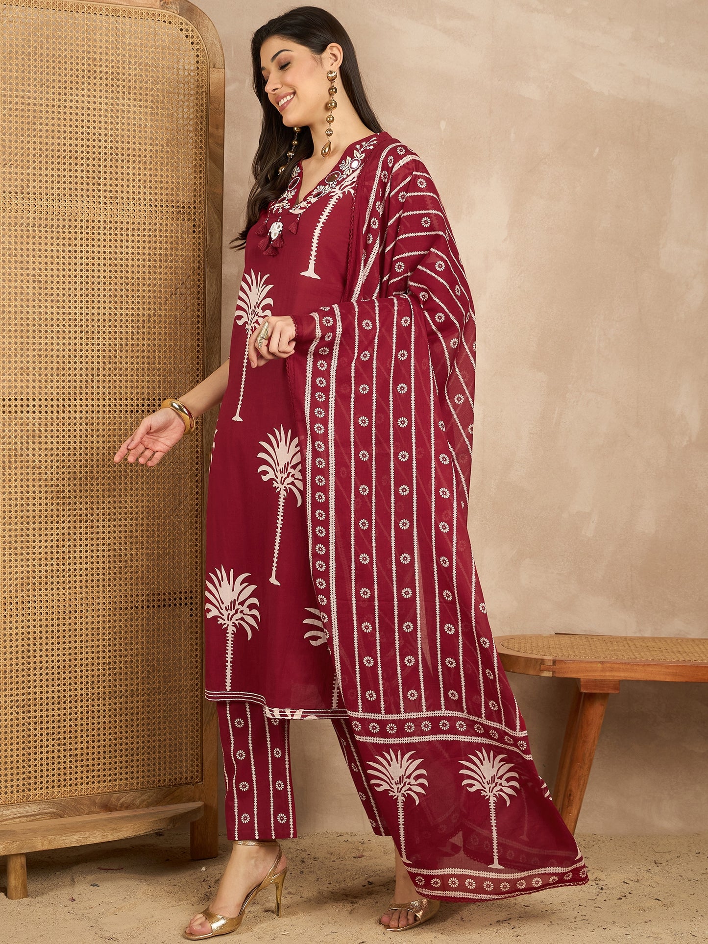Women Ethnic Motifs Printed Regular Mirror Work Pure Cotton Kurta with Trousers & With Dupatta