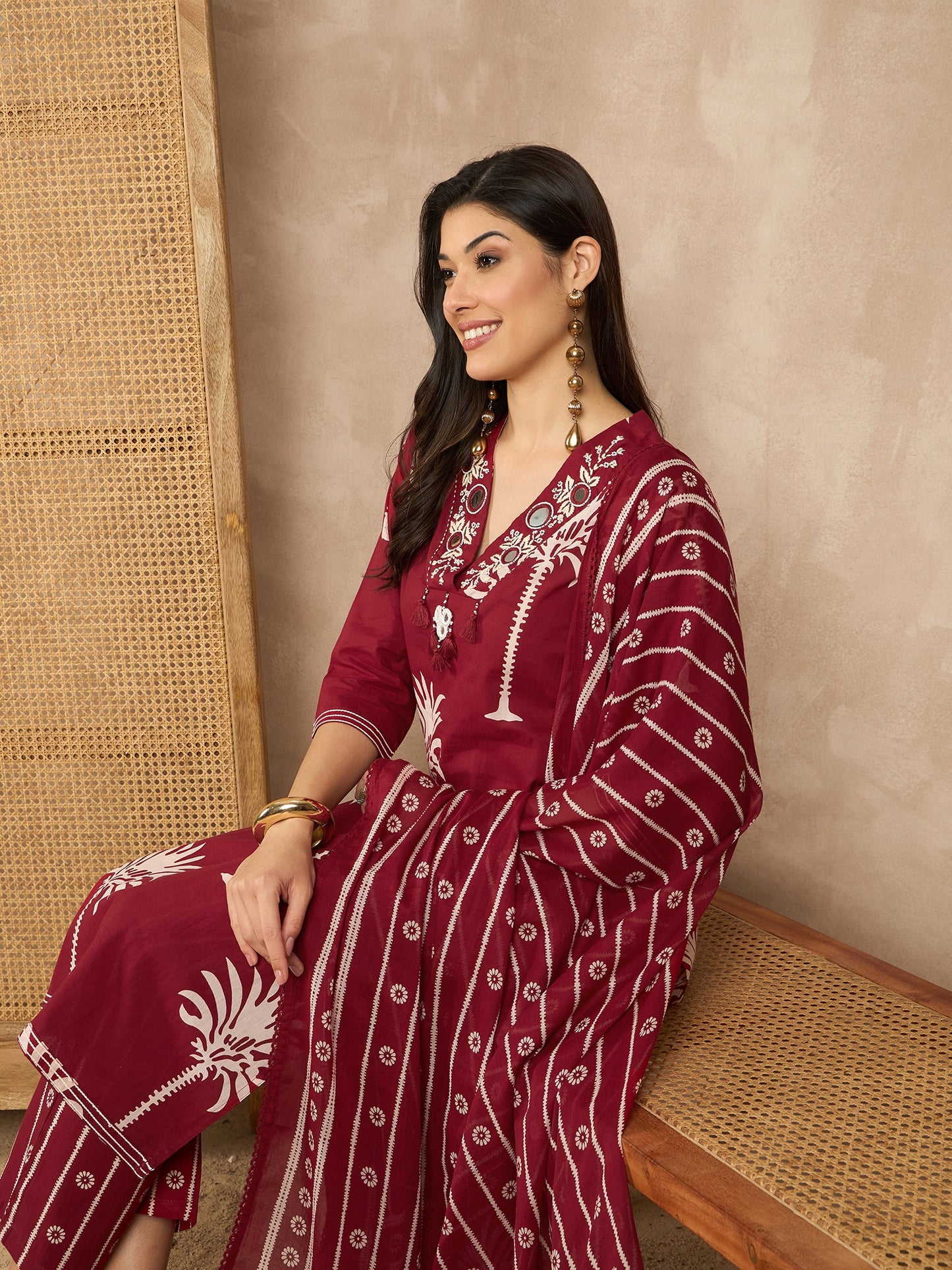 Women Ethnic Motifs Printed Regular Mirror Work Pure Cotton Kurta with Trousers & With Dupatta