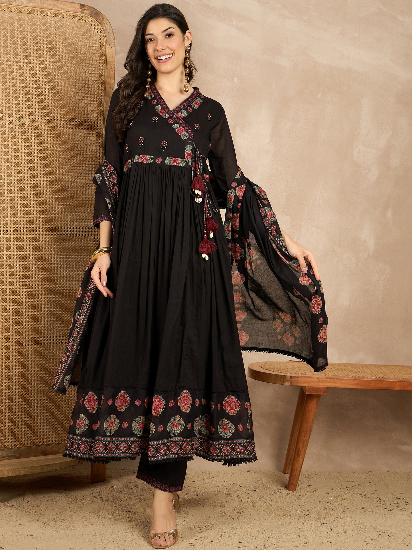 Women Ethnic Motifs Printed Angrakha Thread Work Kurta with Trousers & With Dupatta