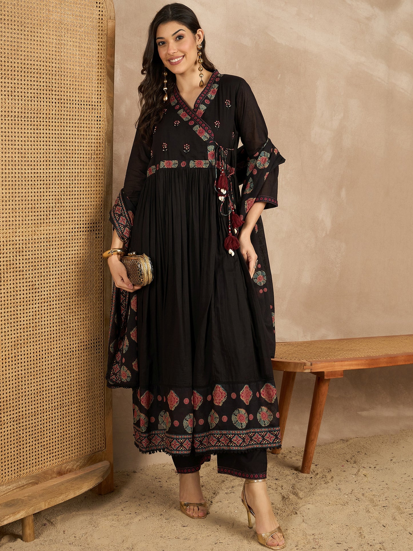 Women Ethnic Motifs Printed Angrakha Thread Work Kurta with Trousers & With Dupatta