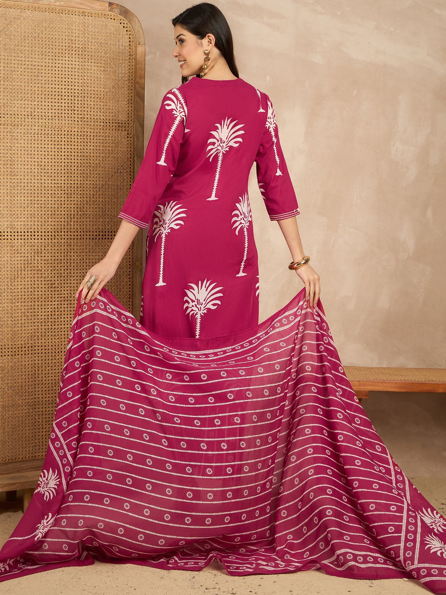 Women Ethnic Motifs Printed Regular Mirror Work Pure Cotton Kurta with Trousers & With Dupatta