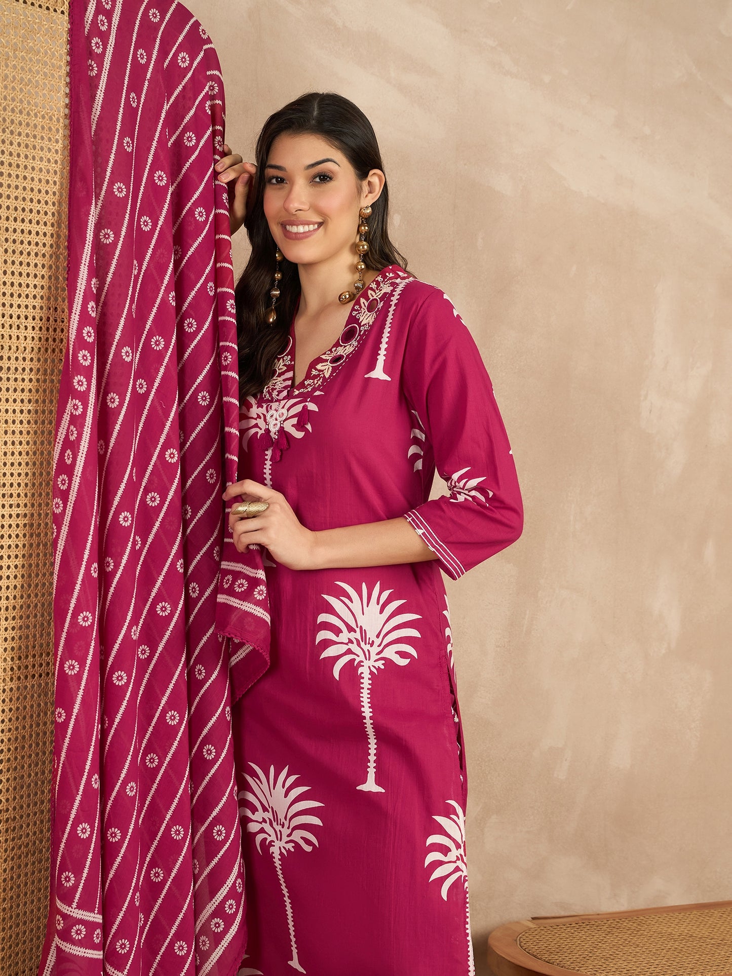 Women Ethnic Motifs Printed Regular Mirror Work Pure Cotton Kurta with Trousers & With Dupatta