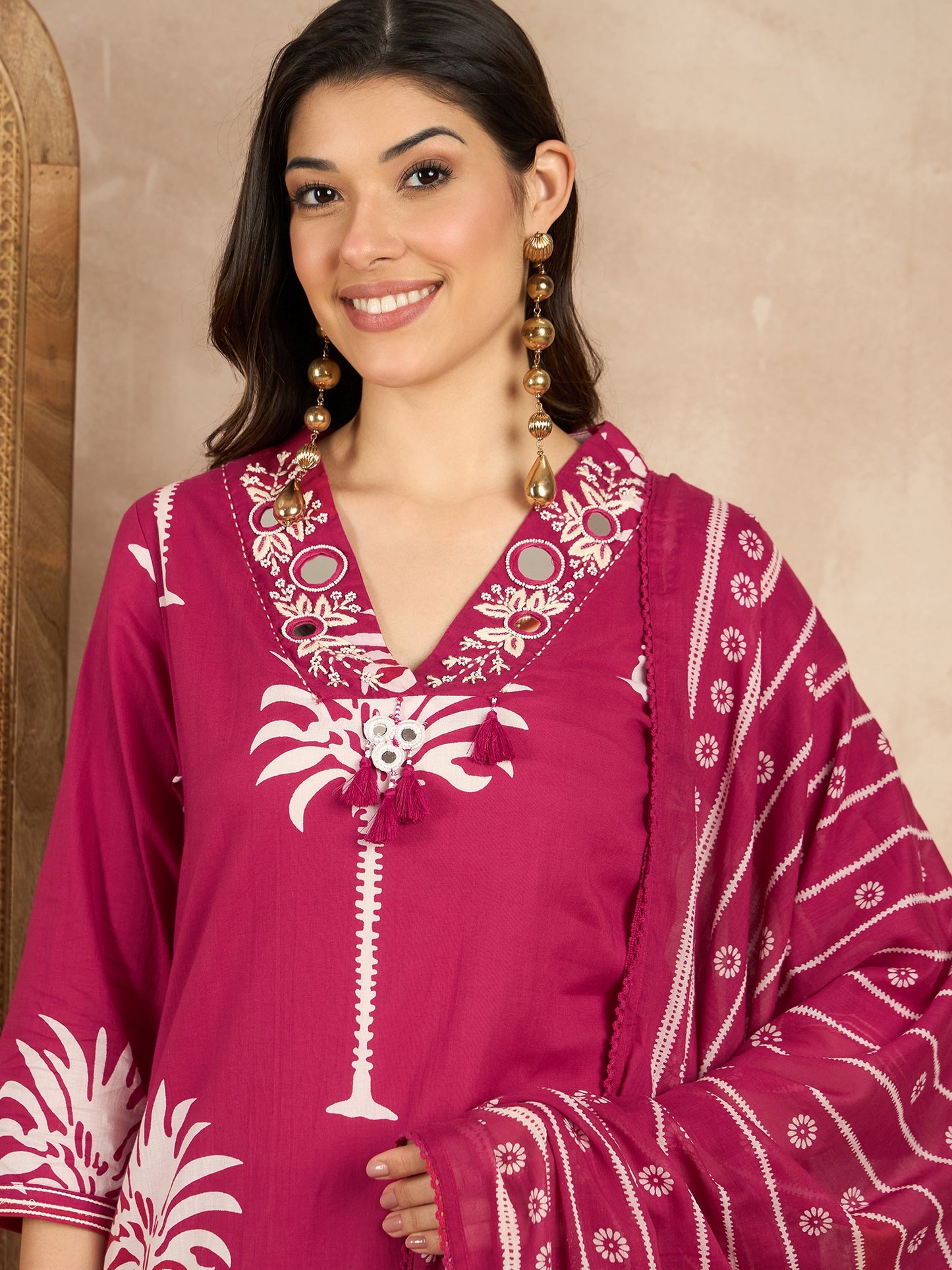 Women Ethnic Motifs Printed Regular Mirror Work Pure Cotton Kurta with Trousers & With Dupatta