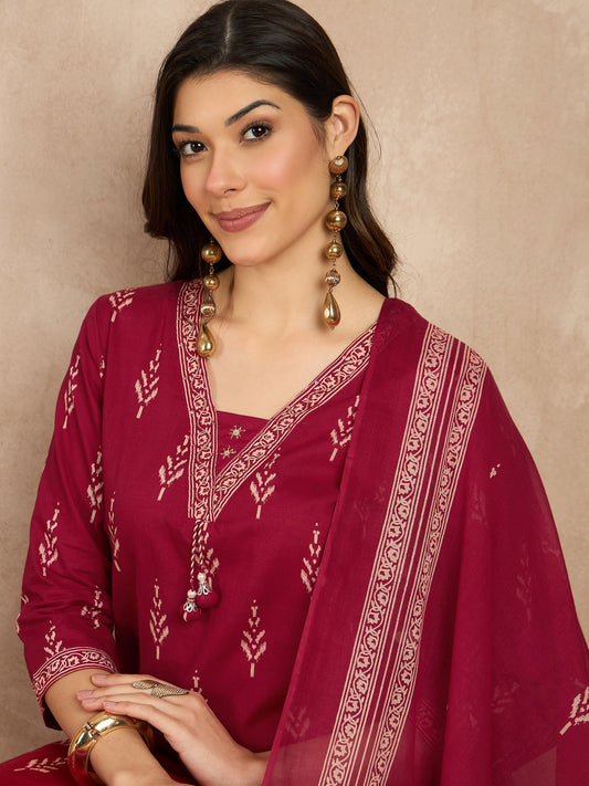 Women Floral Printed Regular Mirror Work Pure Cotton Kurta with Trousers & With Dupatta