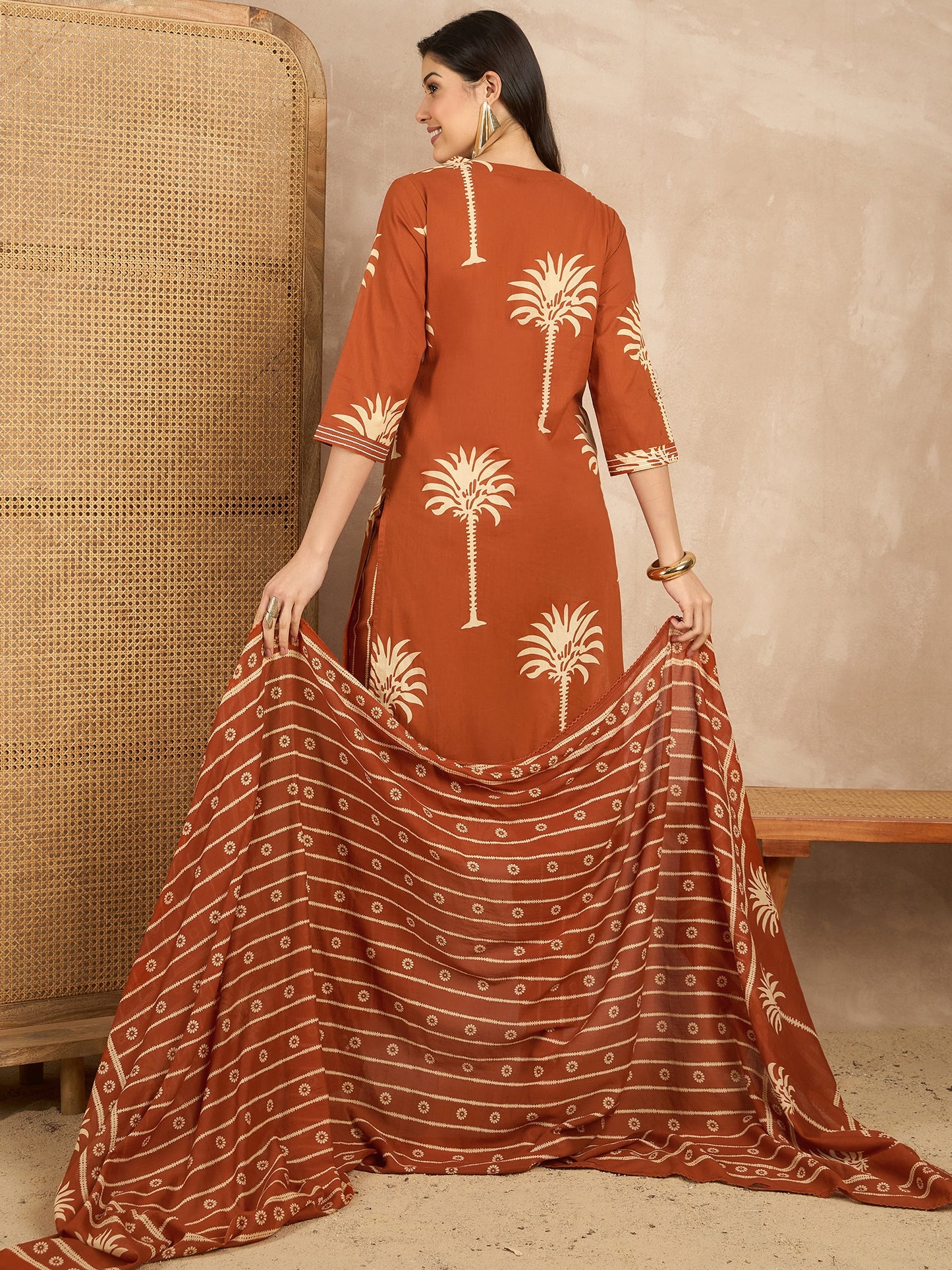 Women Ethnic Motifs Printed Regular Mirror Work Pure Cotton Kurta with Trousers & With Dupatta