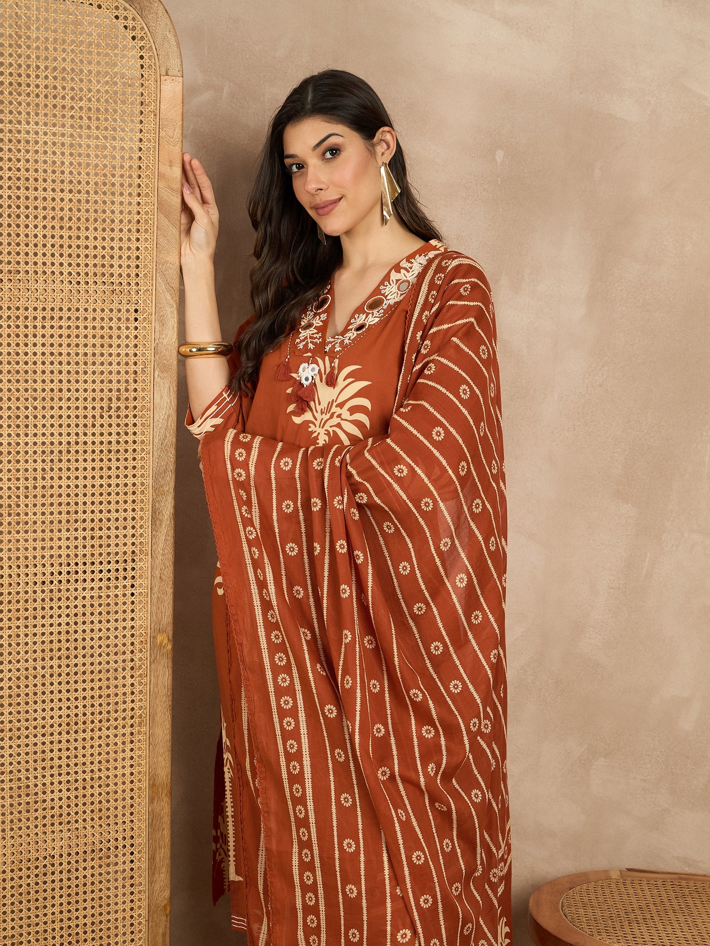 Women Ethnic Motifs Printed Regular Mirror Work Pure Cotton Kurta with Trousers & With Dupatta