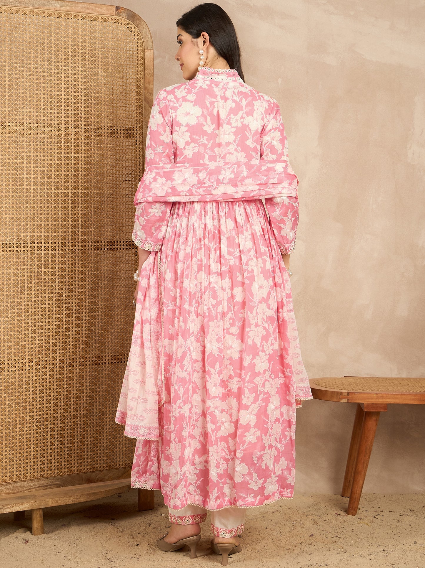 Women Floral Printed Pleated Mirror Work Kurta with Trousers & With Dupatta