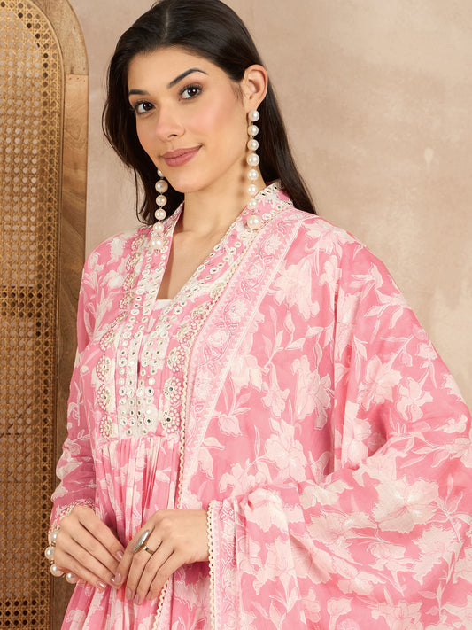 Women Floral Printed Pleated Mirror Work Kurta with Trousers & With Dupatta