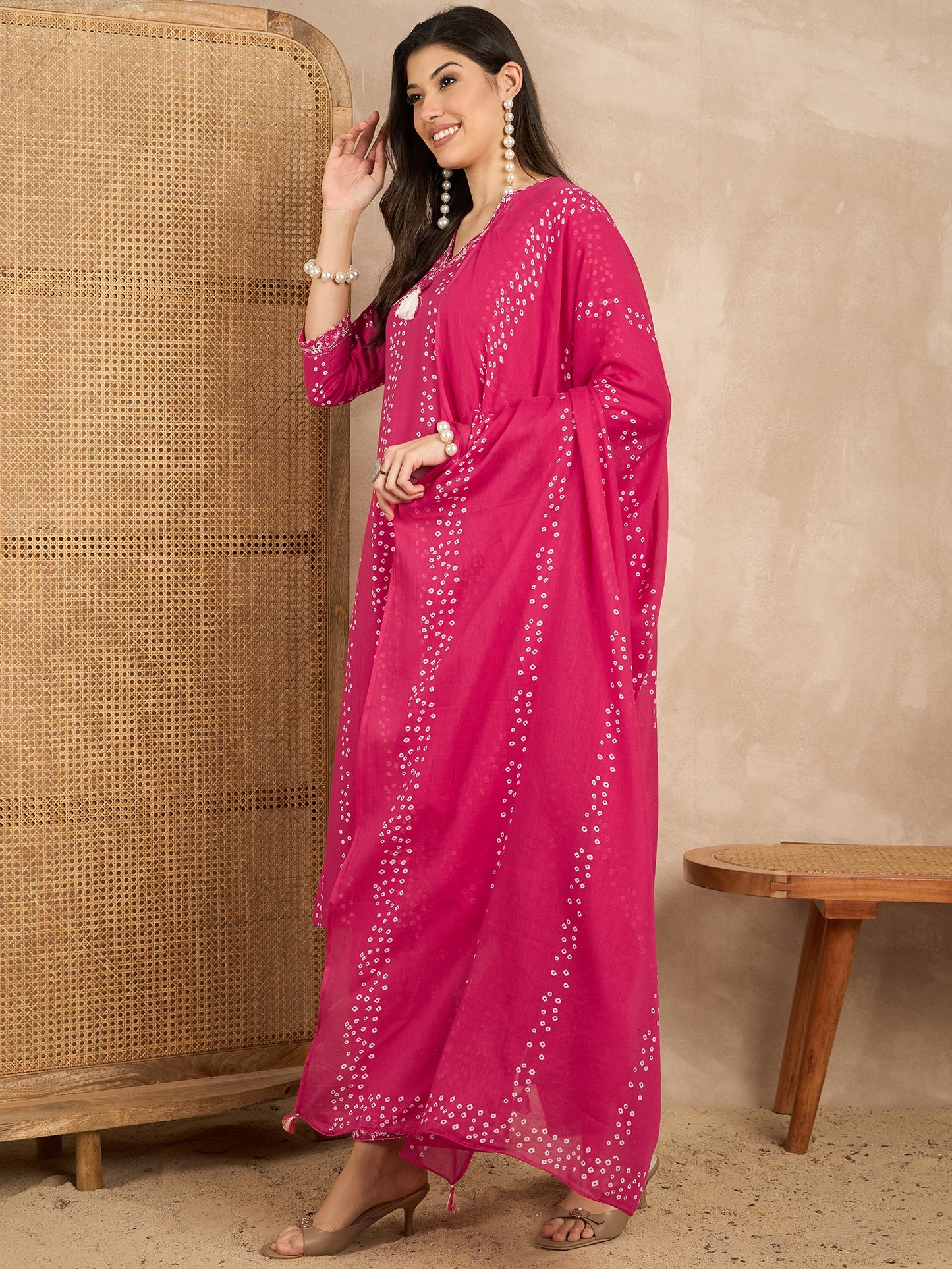 Women Printed Regular Mirror Work Pure Cotton Kurta with Trousers & With Dupatta