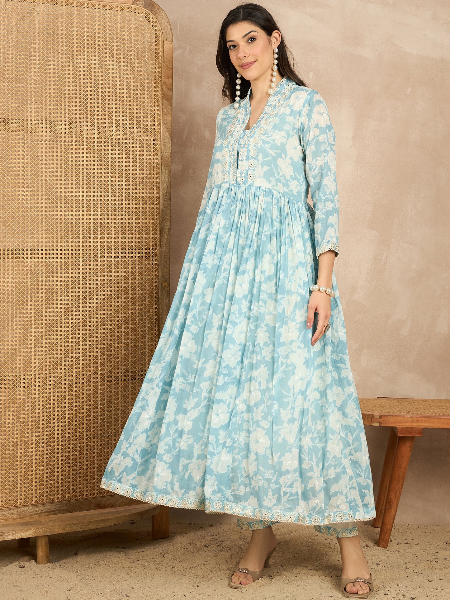 Women Floral Printed Pleated Mirror Work Kurta with Trousers & With Dupatta