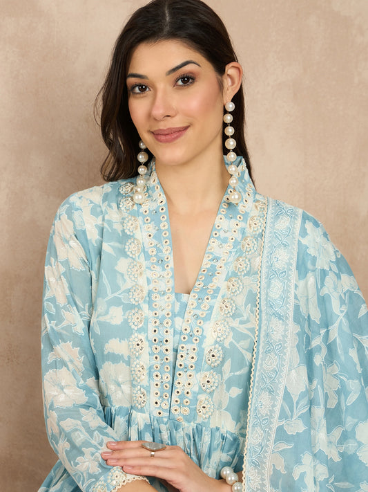 Women Floral Printed Pleated Mirror Work Kurta with Trousers & With Dupatta