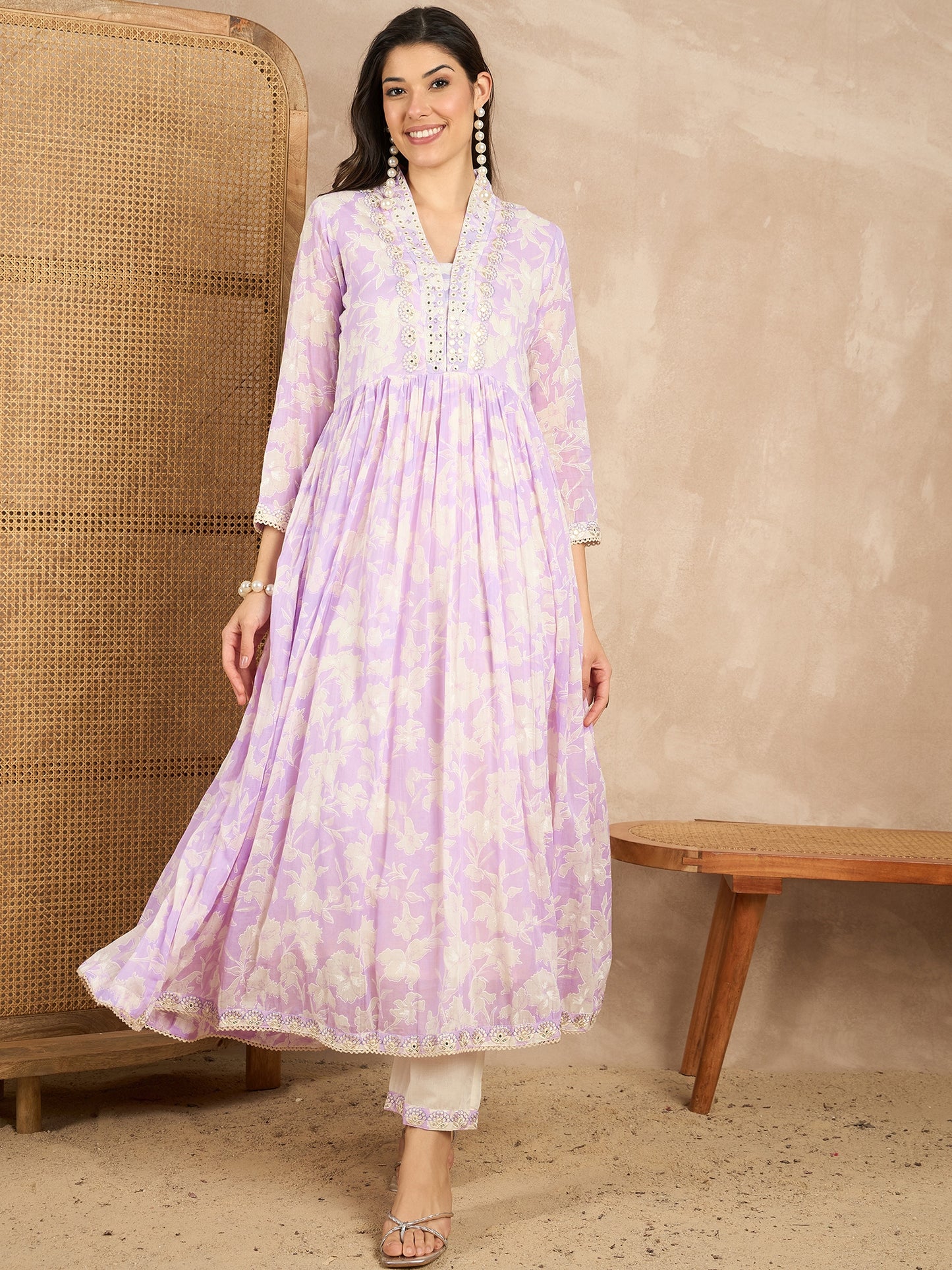 Women Printed Pleated Mirror Work Kurta with Trousers & With Dupatta